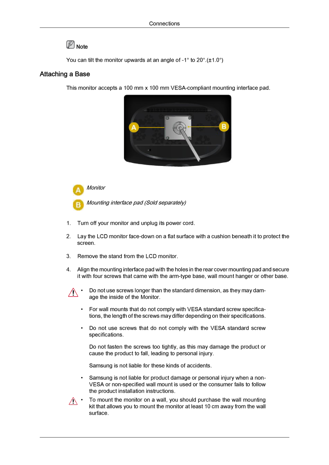 Samsung LS22CMEKFV/EN, LS22CMFKFV/ZA, LS22CMFKFV/EN manual Attaching a Base, Monitor Mounting interface pad Sold separately 