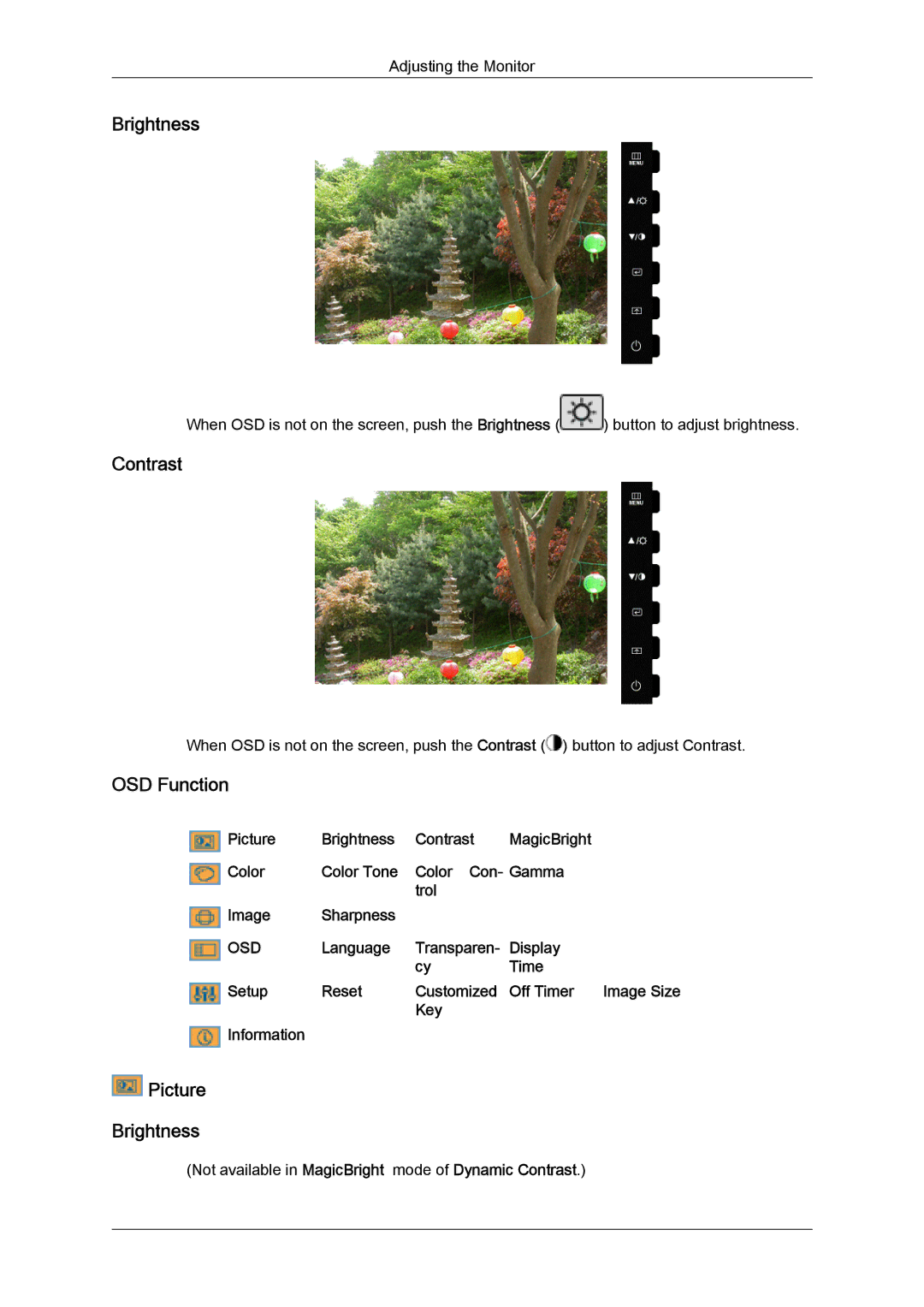 Samsung LS22CMFKFV/ZA, LS22CMEKFV/EN, LS22CMFKFV/EN manual Contrast, OSD Function, Picture Brightness, Key Information 