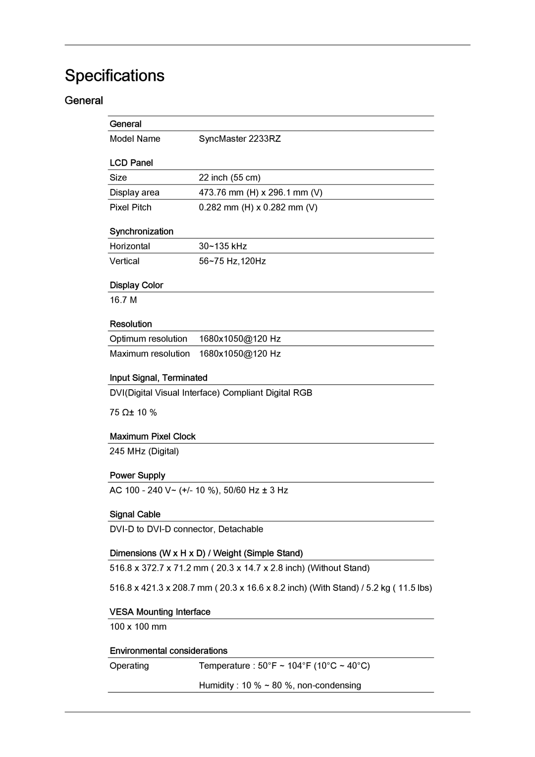 Samsung LS22CMEKFV/XK, LS22CMFKFV/ZA, LS22CMEKFV/EN, LS22CMFKFV/EN, LS22CMFKFV/ZN manual Specifications, General 