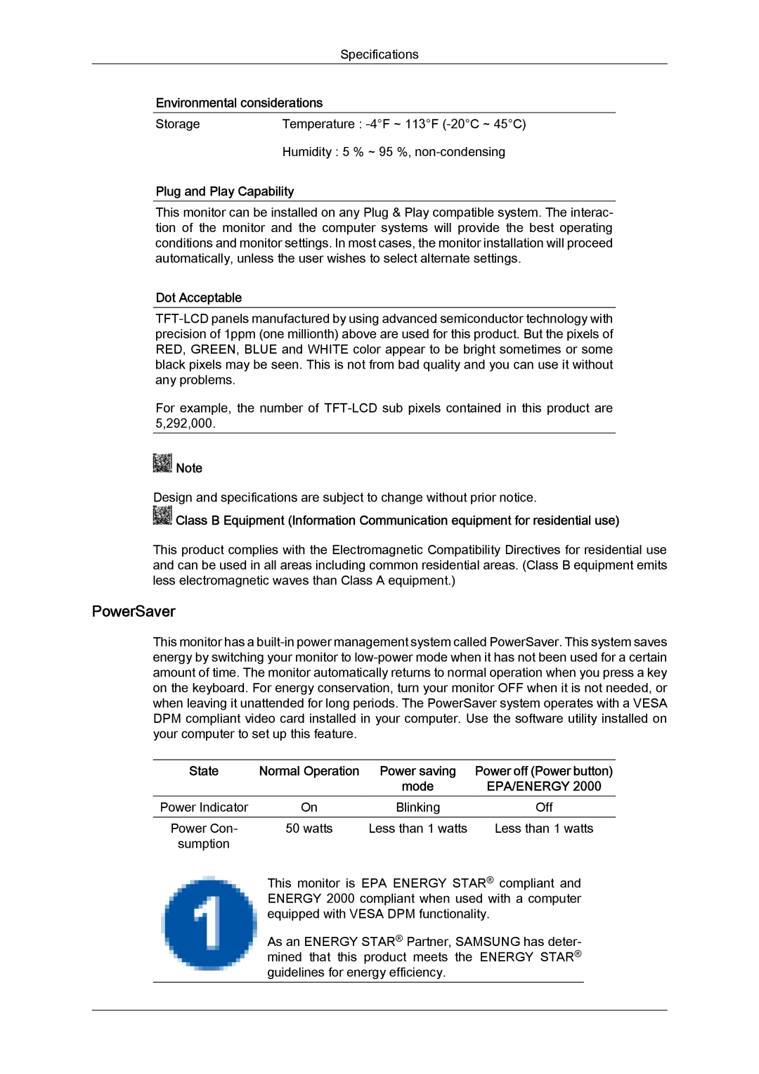 Samsung LS22CMFKFV/ZN, LS22CMFKFV/ZA, LS22CMEKFV/EN, LS22CMFKFV/EN manual PowerSaver, Plug and Play Capability, Dot Acceptable 