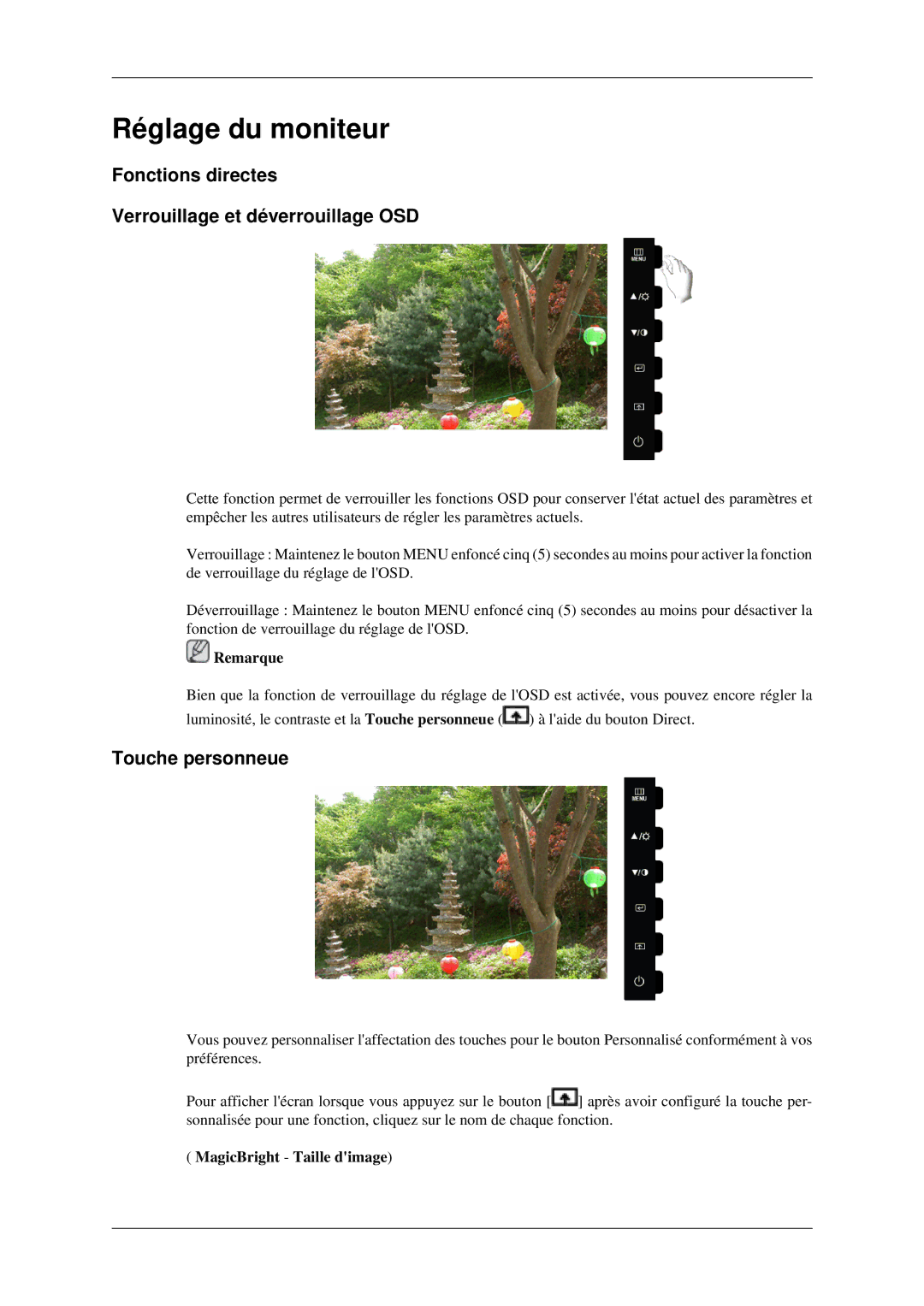 Samsung LS22CMFKFV/ZA manual Réglage du moniteur, Fonctions directes Verrouillage et déverrouillage OSD, Touche personneue 