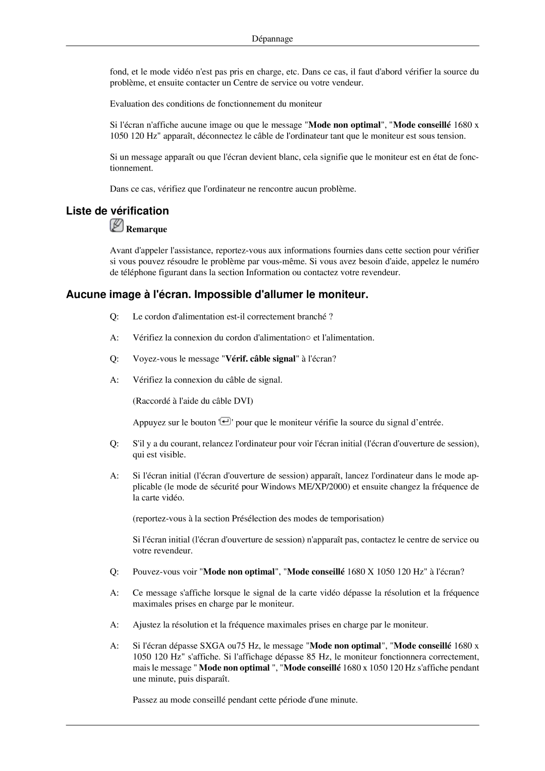 Samsung LS22CMEKFV/EN, LS22CMFKFV/ZA manual Liste de vérification, Aucune image à lécran. Impossible dallumer le moniteur 