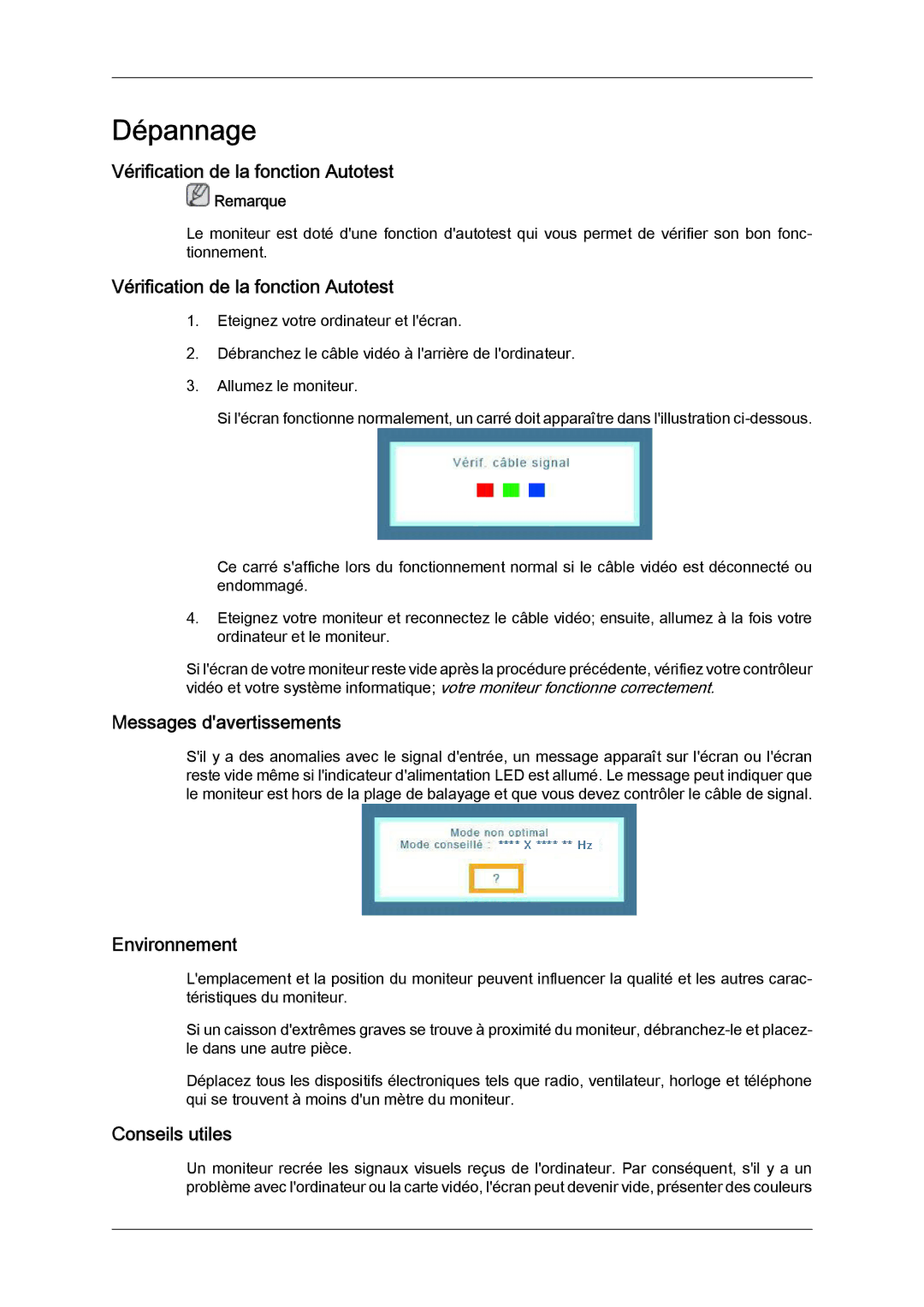 Samsung LS22CMEKFV/EN manual Dépannage, Vérification de la fonction Autotest, Messages davertissements, Environnement 