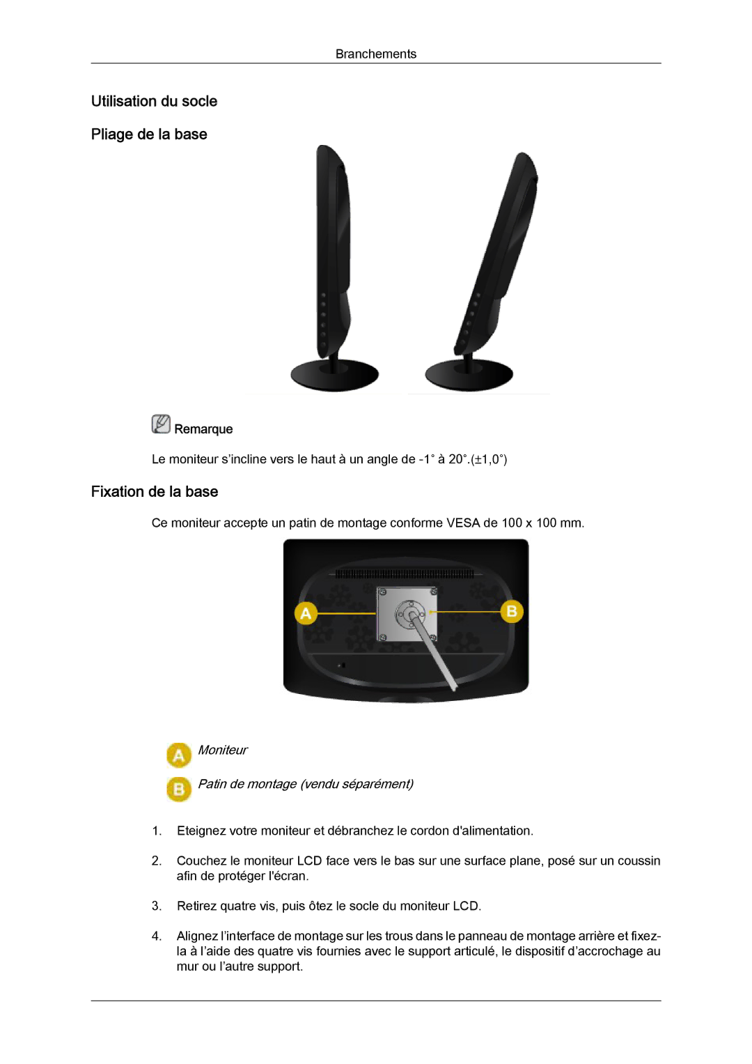 Samsung LS22CMFKFV/EN, LS22CMFKFV/ZA, LS22CMEKFV/EN manual Utilisation du socle Pliage de la base, Fixation de la base 