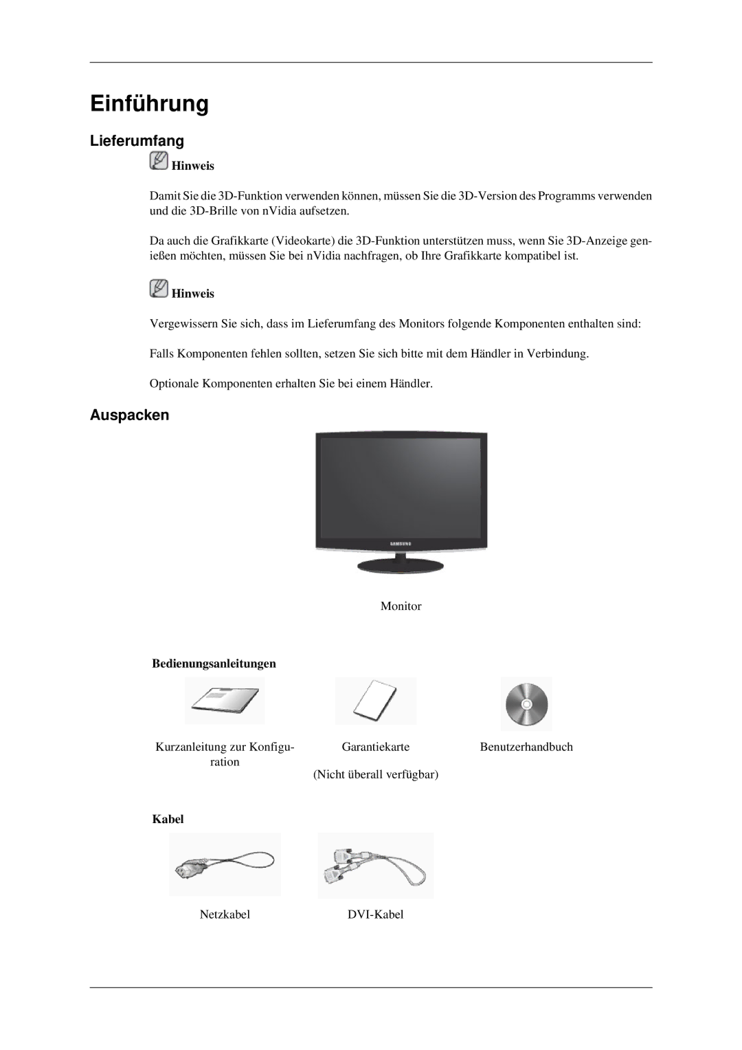 Samsung LS22CMEKFV/EN, LS22CMFKFV/ZA, LS22CMFKFV/EN manual Einführung, Lieferumfang, Auspacken, Bedienungsanleitungen, Kabel 