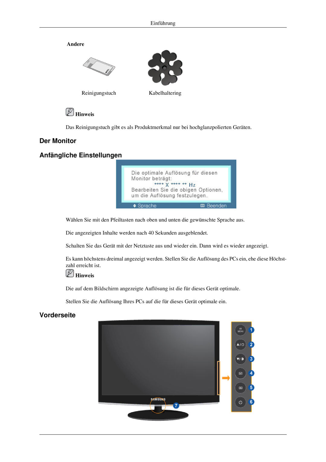 Samsung LS22CMFKFV/EN, LS22CMFKFV/ZA, LS22CMEKFV/EN manual Der Monitor Anfängliche Einstellungen, Vorderseite, Andere 