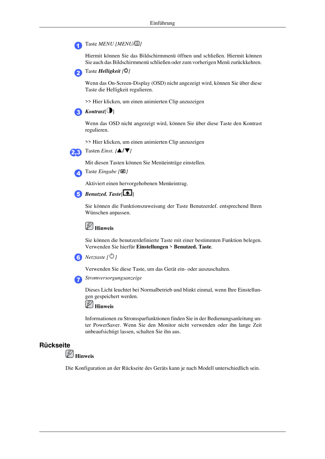 Samsung LS22CMFKFV/ZA, LS22CMEKFV/EN, LS22CMFKFV/EN manual Rückseite, Taste Menu Menu 