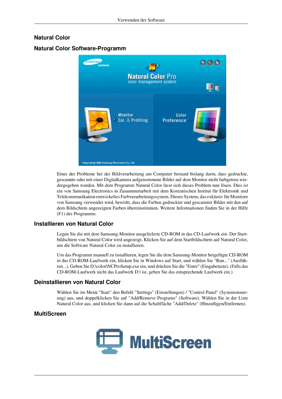 Samsung LS22CMFKFV/ZA manual Natural Color Natural Color Software-Programm, Installieren von Natural Color, MultiScreen 