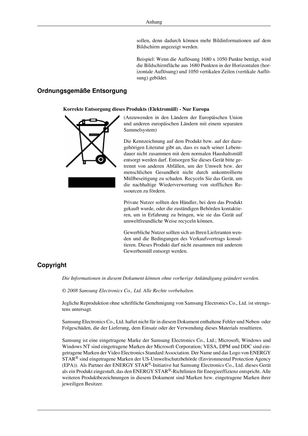 Samsung LS22CMEKFV/EN Ordnungsgemäße Entsorgung, Copyright, Korrekte Entsorgung dieses Produkts Elektromüll Nur Europa 