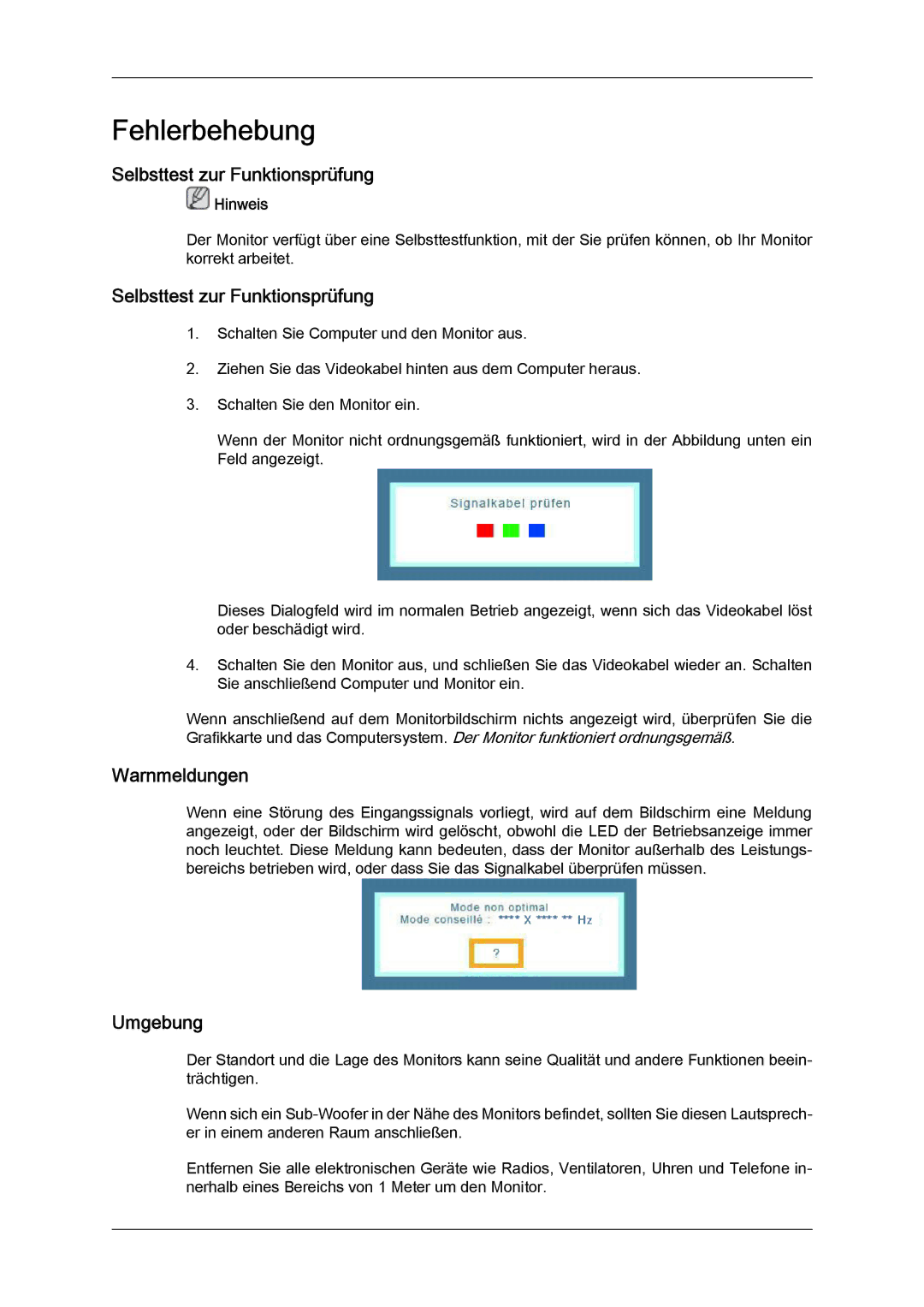 Samsung LS22CMEKFV/EN, LS22CMFKFV/ZA, LS22CMFKFV/EN manual Selbsttest zur Funktionsprüfung, Warnmeldungen, Umgebung 