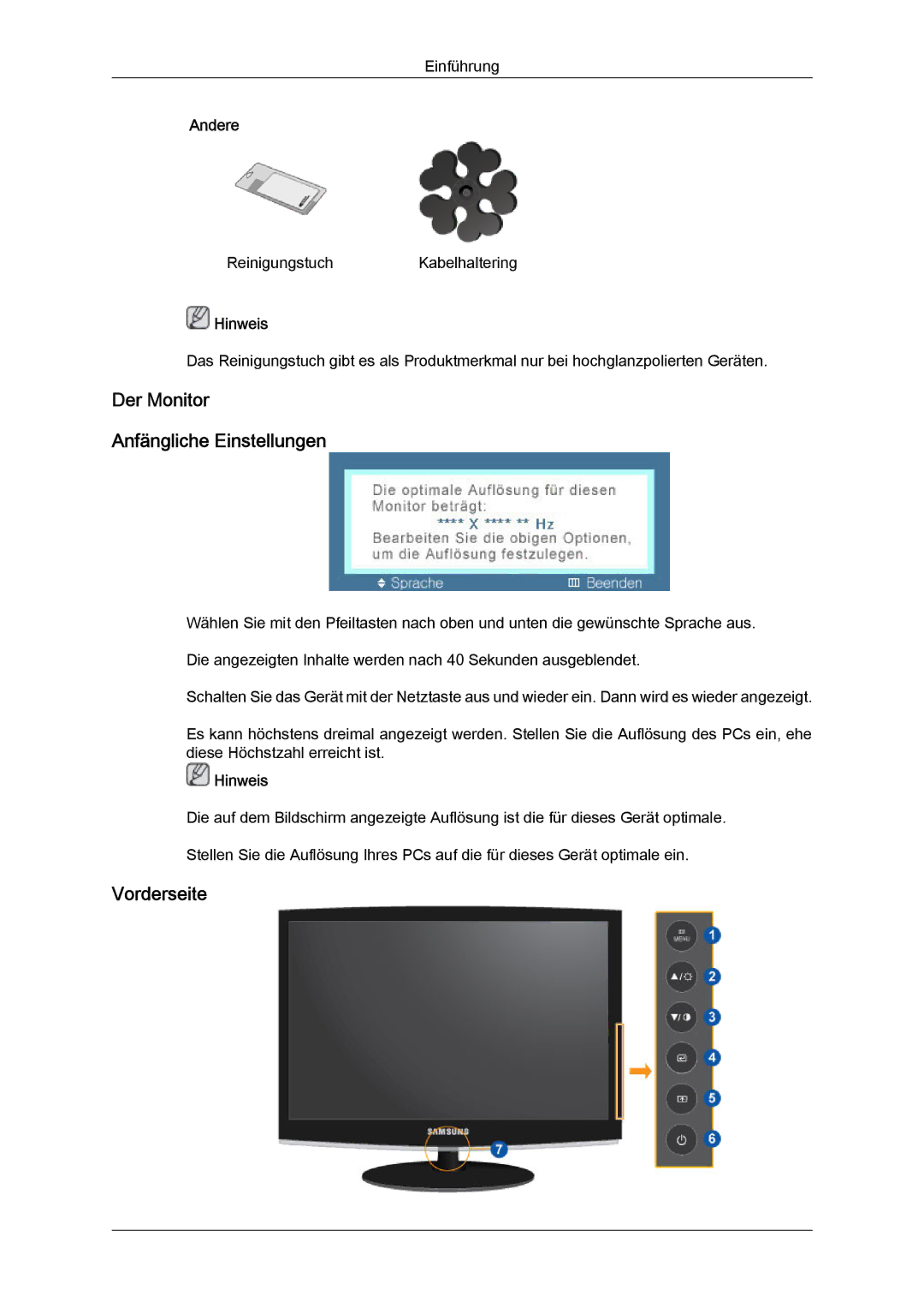 Samsung LS22CMFKFV/ZA, LS22CMEKFV/EN, LS22CMFKFV/EN manual Der Monitor Anfängliche Einstellungen, Vorderseite 