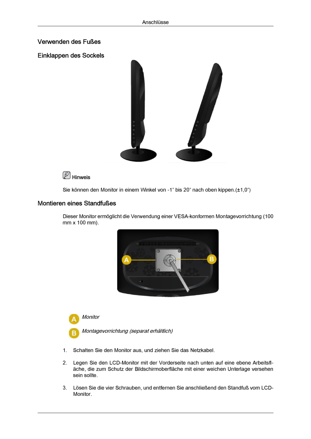 Samsung LS22CMFKFV/EN, LS22CMFKFV/ZA, LS22CMEKFV/EN Verwenden des Fußes Einklappen des Sockels, Montieren eines Standfußes 