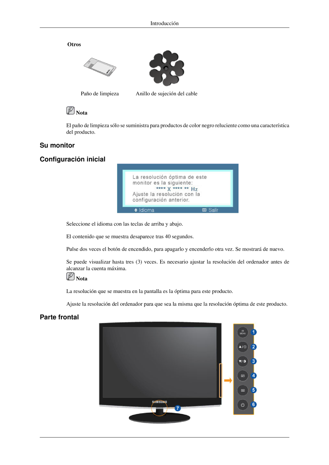 Samsung LS22CMFKFV/EN, LS22CMFKFV/ZA, LS22CMEKFV/EN manual Su monitor Configuración inicial, Parte frontal, Otros 