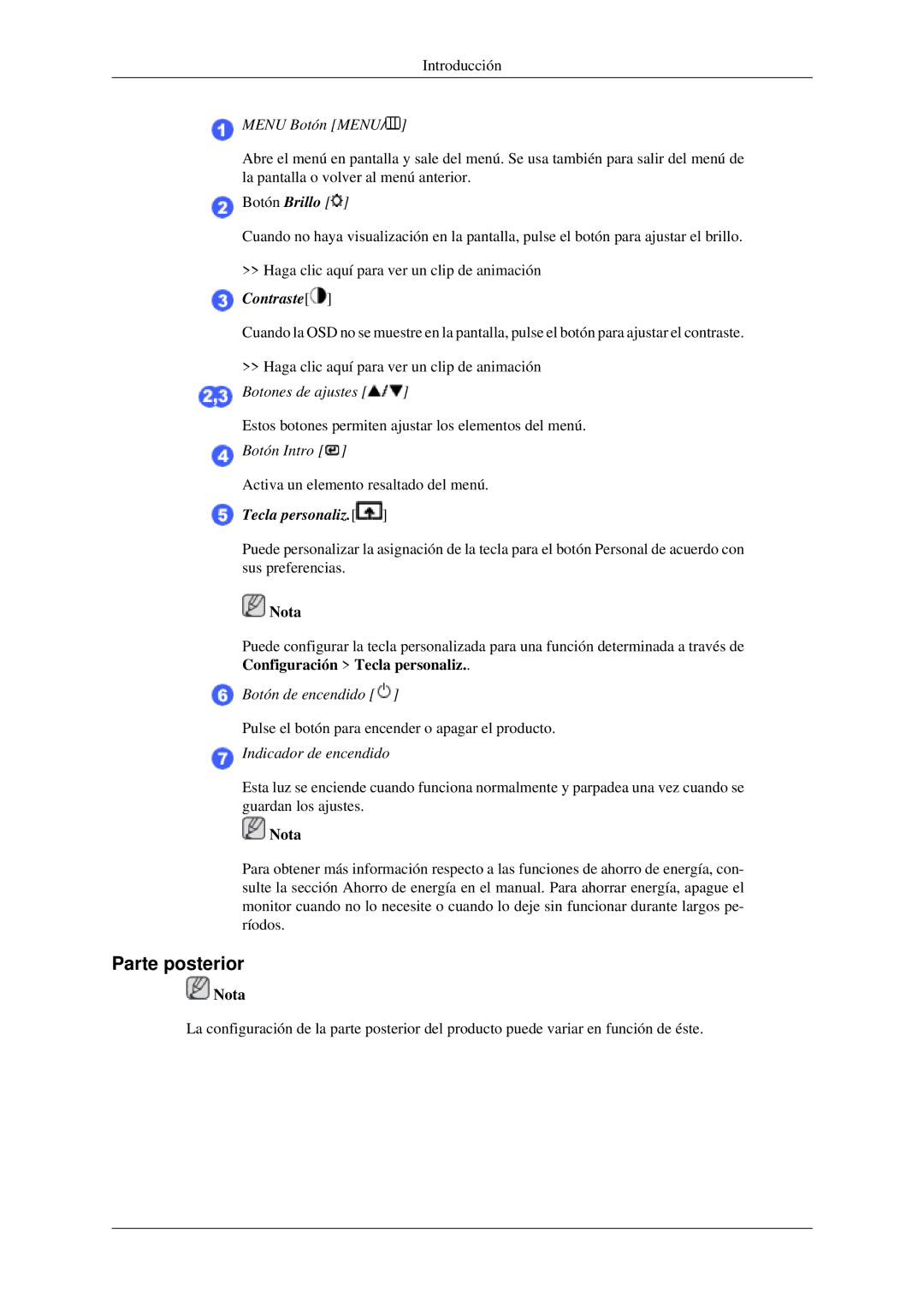 Samsung LS22CMFKFV/ZA, LS22CMEKFV/EN, LS22CMFKFV/EN manual Parte posterior, Menu Botón Menu 