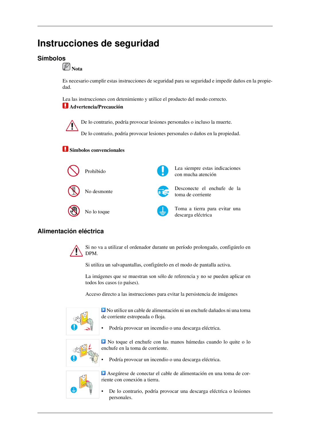 Samsung LS22CMFKFV/EN, LS22CMFKFV/ZA, LS22CMEKFV/EN manual Instrucciones de seguridad, Símbolos, Alimentación eléctrica 