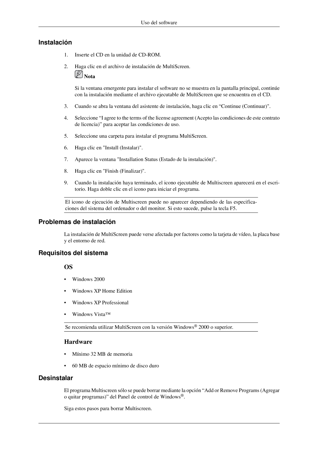 Samsung LS22CMEKFV/EN, LS22CMFKFV/ZA, LS22CMFKFV/EN manual Problemas de instalación, Requisitos del sistema, Desinstalar 