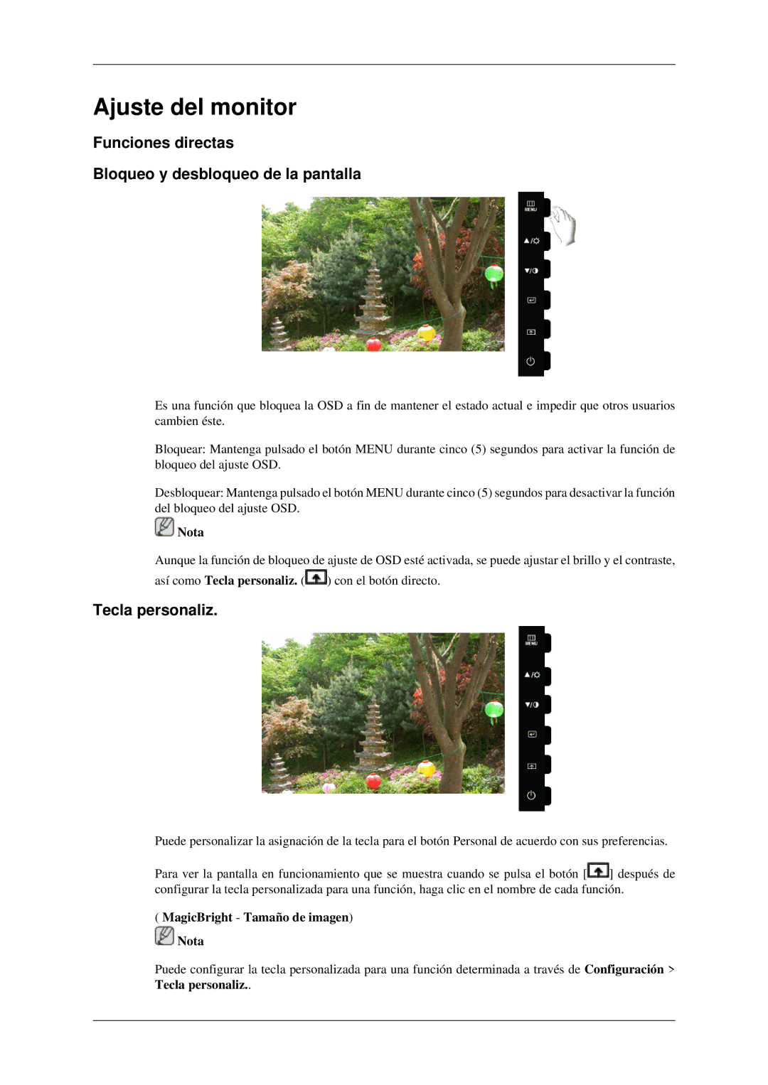 Samsung LS22CMFKFV/ZA manual Ajuste del monitor, Funciones directas Bloqueo y desbloqueo de la pantalla, Tecla personaliz 