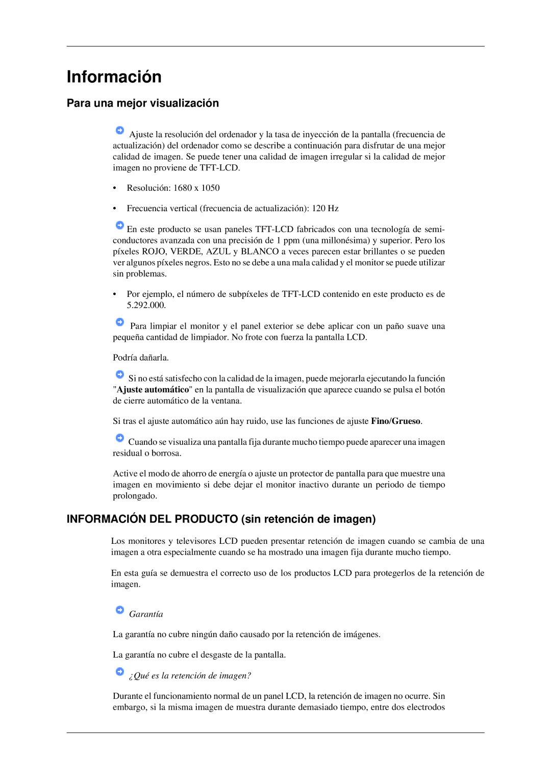 Samsung LS22CMFKFV/EN, LS22CMFKFV/ZA Para una mejor visualización, Información DEL Producto sin retención de imagen 