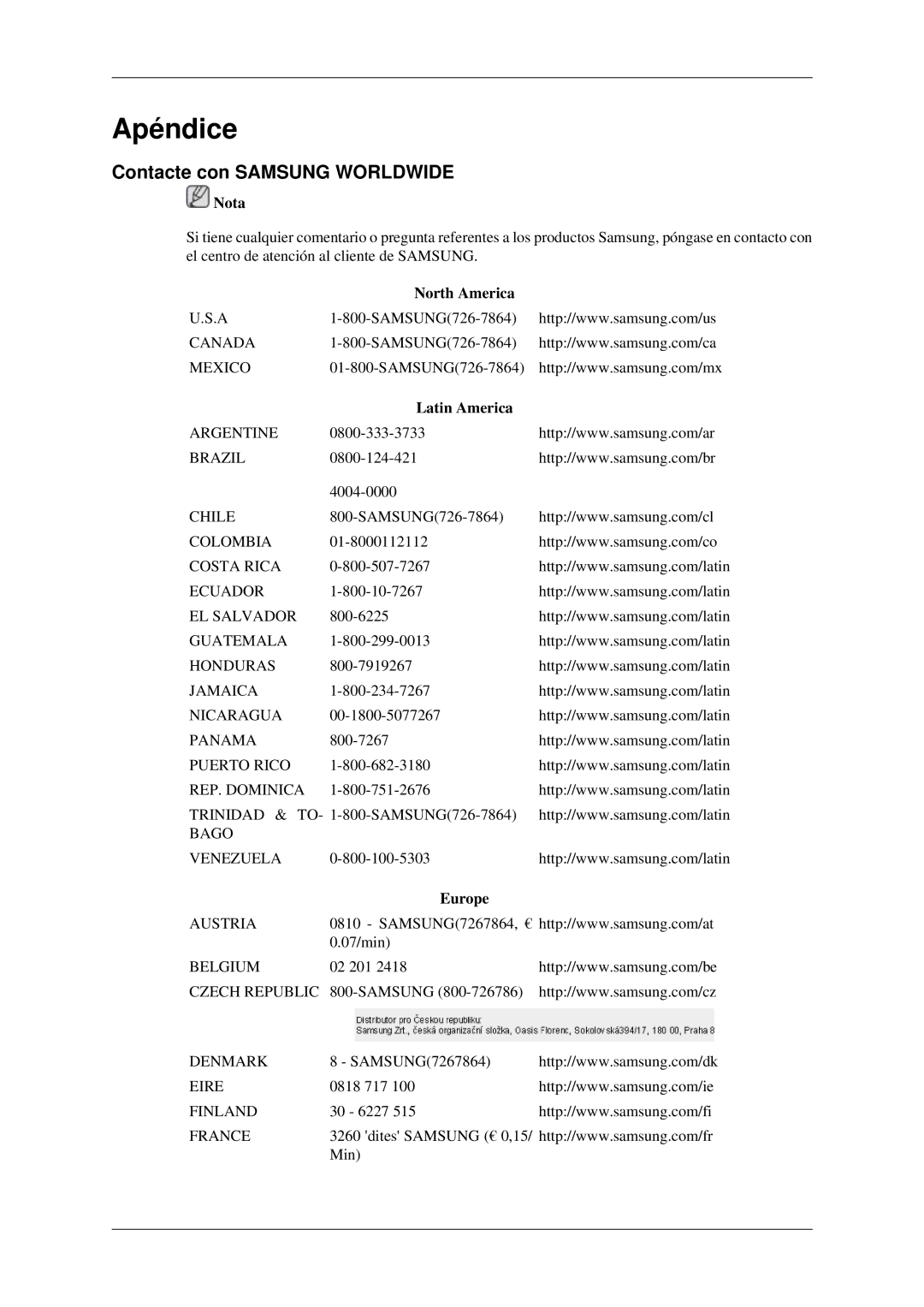 Samsung LS22CMFKFV/ZA, LS22CMEKFV/EN manual Apéndice, Contacte con Samsung Worldwide, North America, Latin America, Europe 