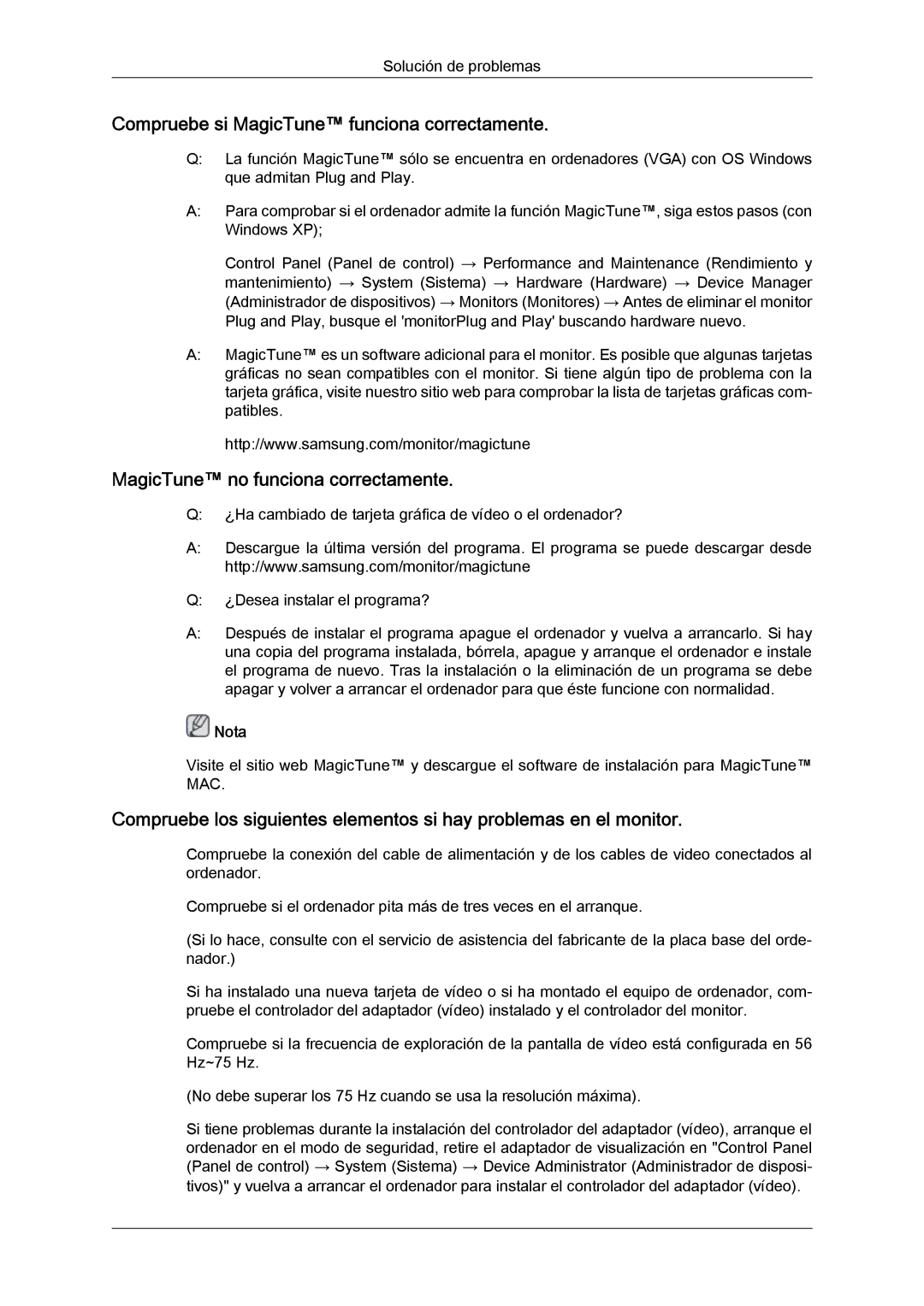 Samsung LS22CMFKFV/EN, LS22CMFKFV/ZA Compruebe si MagicTune funciona correctamente, MagicTune no funciona correctamente 