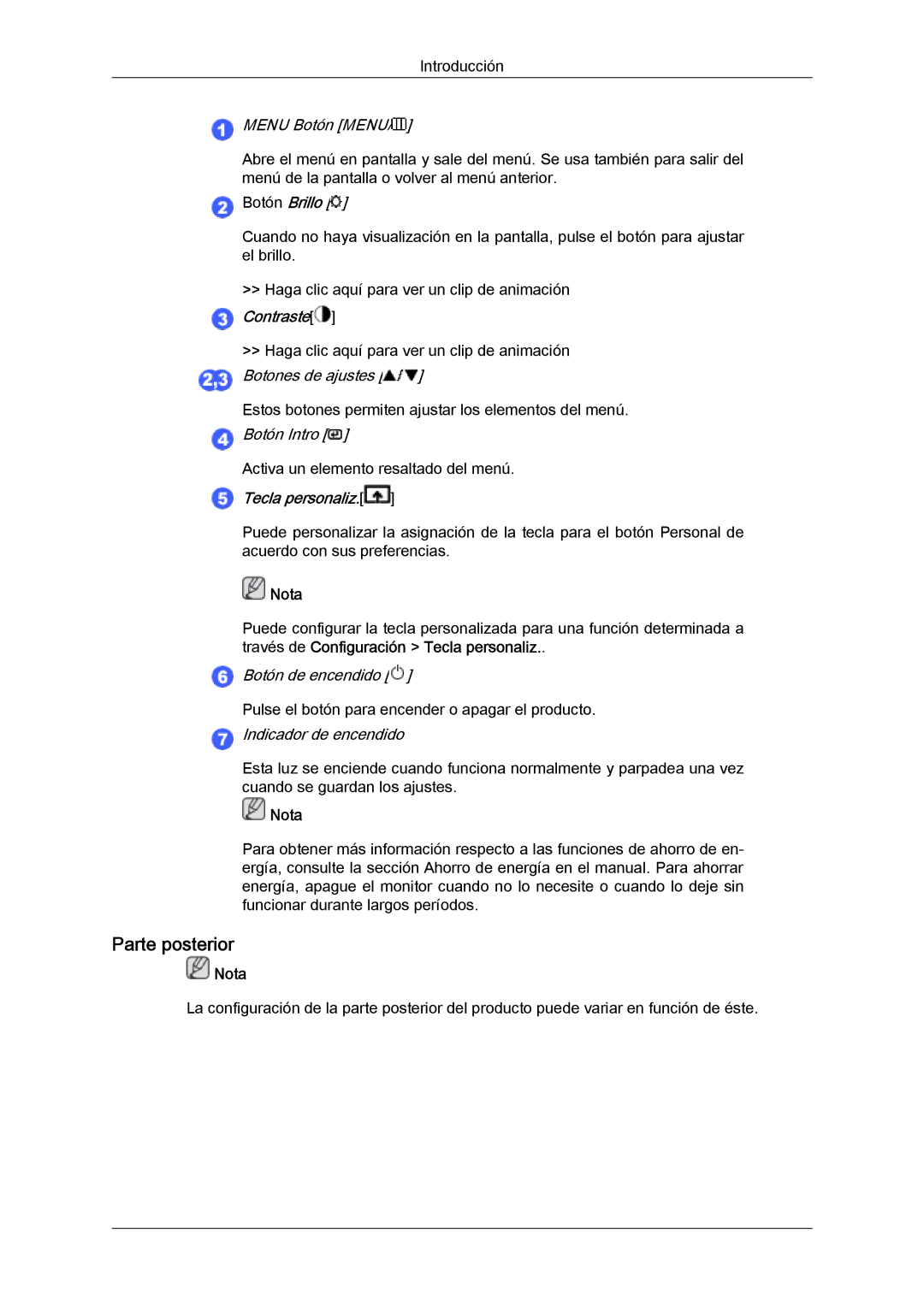 Samsung LS22CMEKFV/EN manual Parte posterior, Menu Botón Menu, Botón Intro, Botón de encendido, Indicador de encendido 