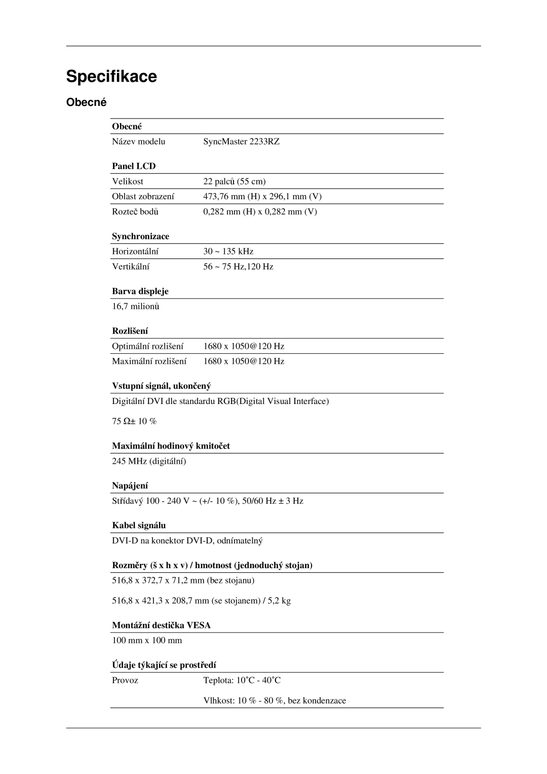 Samsung LS22CMEKFV/EN, LS22CMFKFV/ZA, LS22CMFKFV/EN manual Specifikace, Obecné 