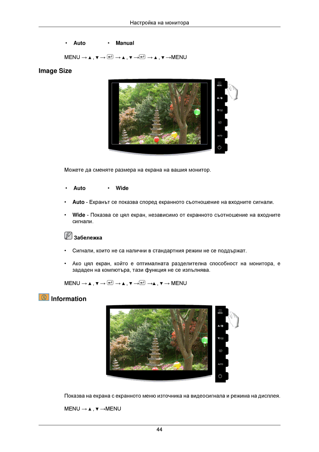 Samsung LS22CMKKFV/EN, LS22CMKKFVA/EN, LS22CMKKFU/EN manual Image Size, Information, Auto Manual, Auto Wide 