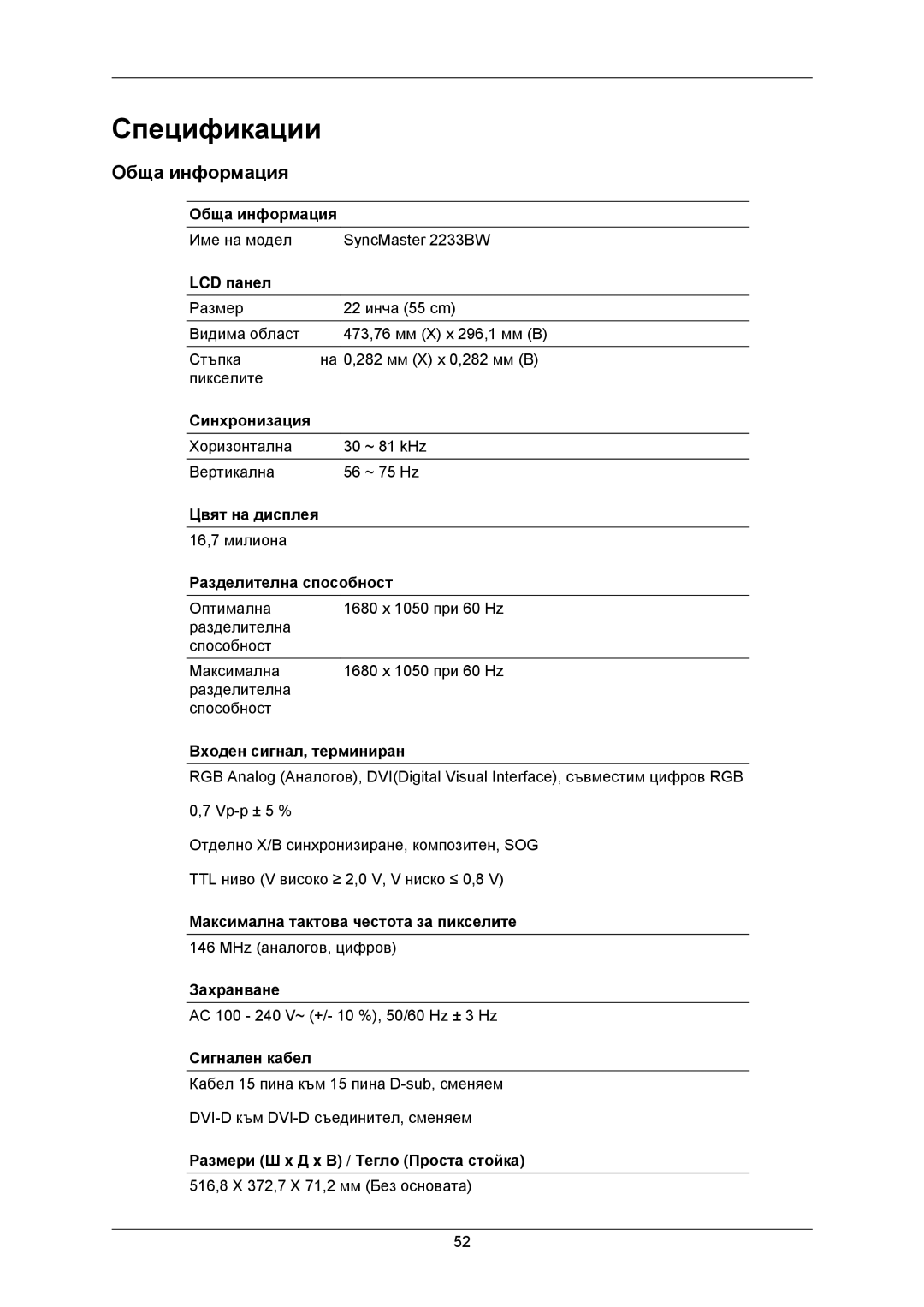 Samsung LS22CMKKFU/EN, LS22CMKKFV/EN, LS22CMKKFVA/EN manual Спецификации, Обща информация 