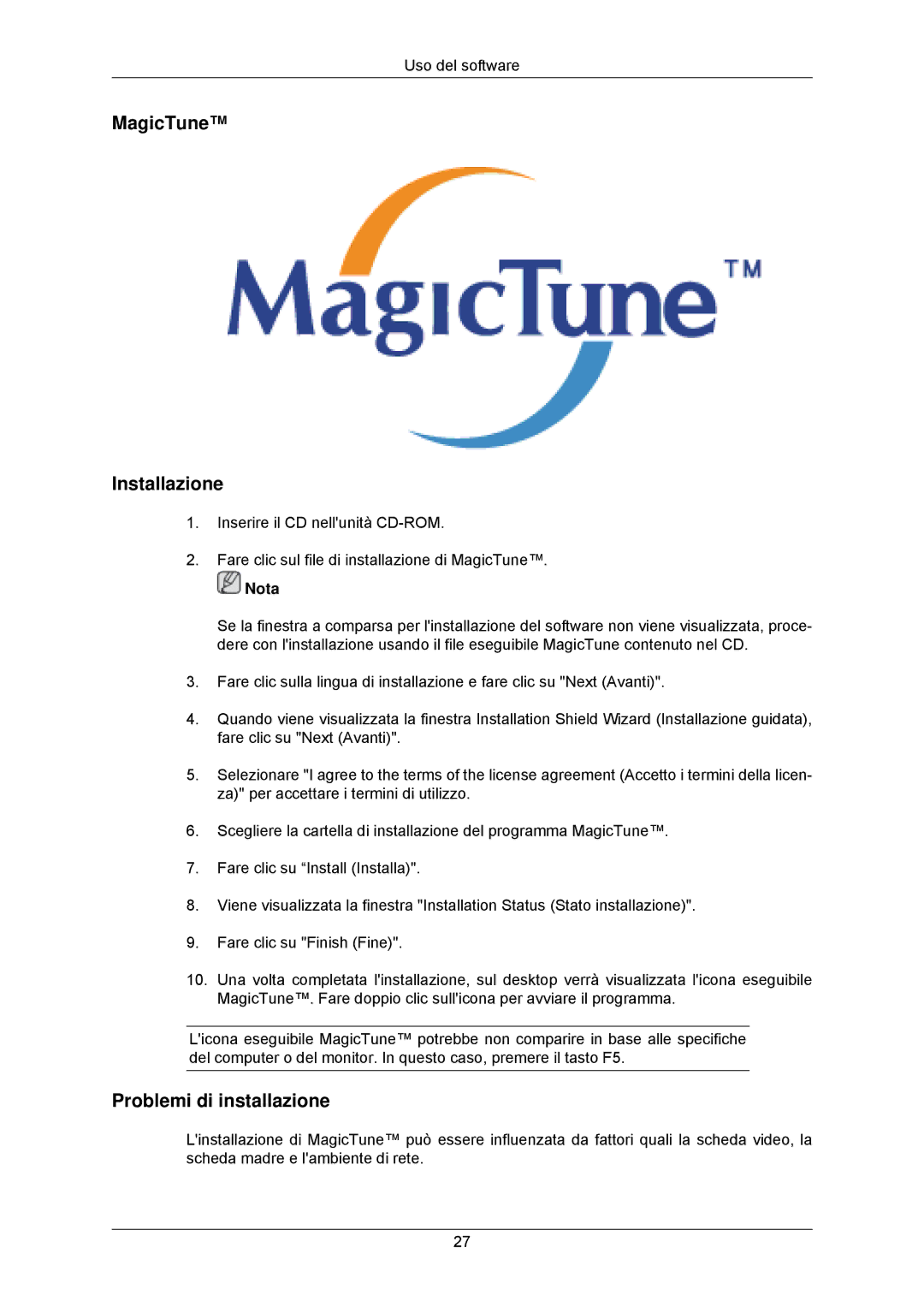 Samsung LS22CMKKFV/EN, LS22CMKKFVA/EN manual MagicTune Installazione, Problemi di installazione 