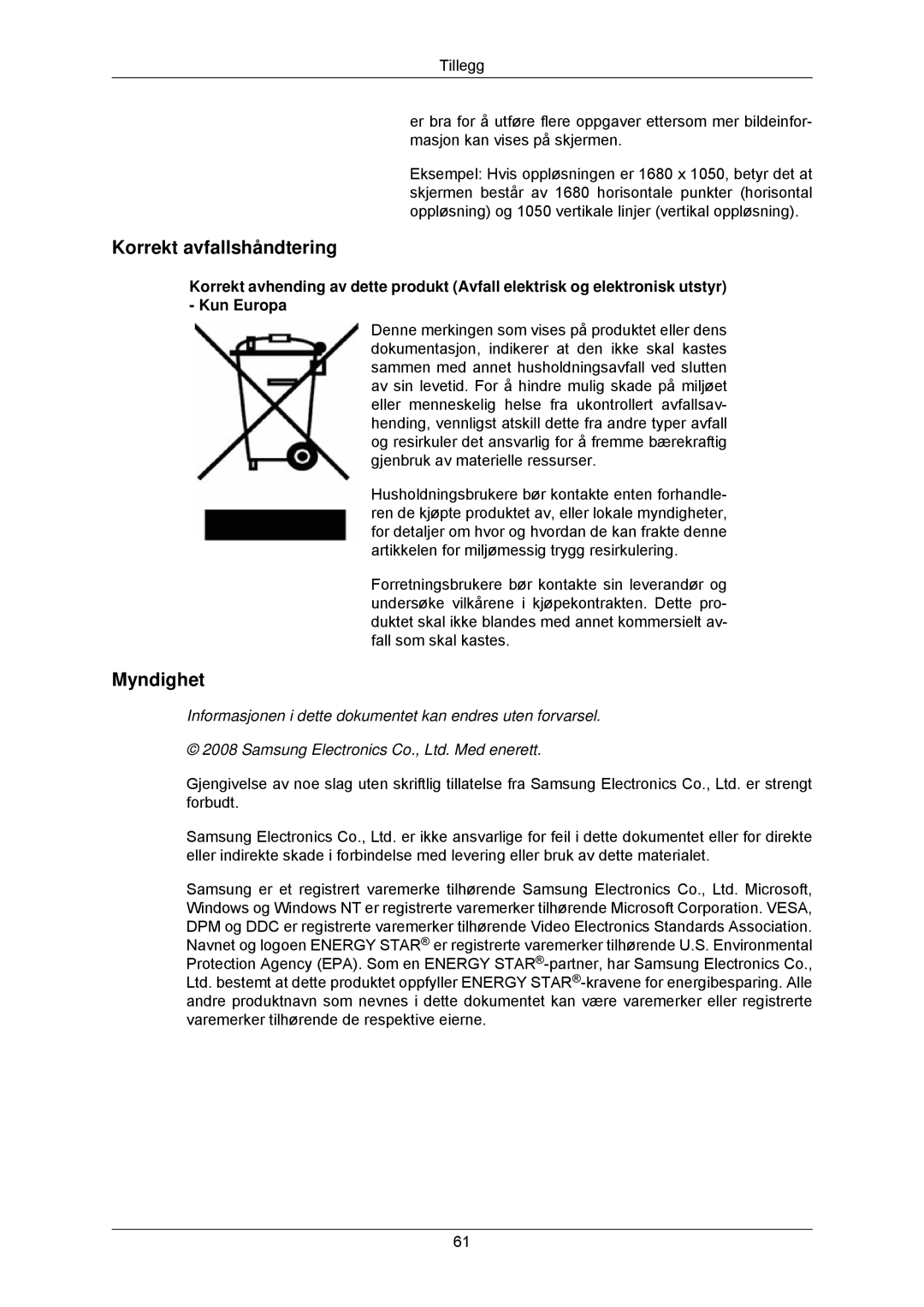 Samsung LS22CMKKFV/EN, LS22CMKKFVA/EN manual Korrekt avfallshåndtering, Myndighet 