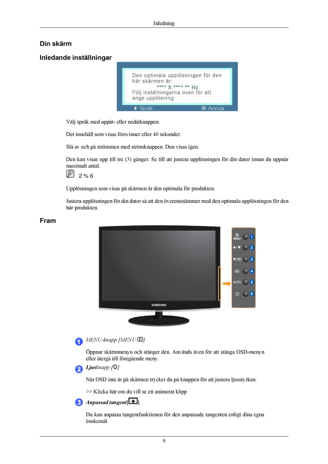 Samsung LS22CMKKFV/EN, LS22CMKKFVA/EN manual Din skärm Inledande inställningar, Fram 