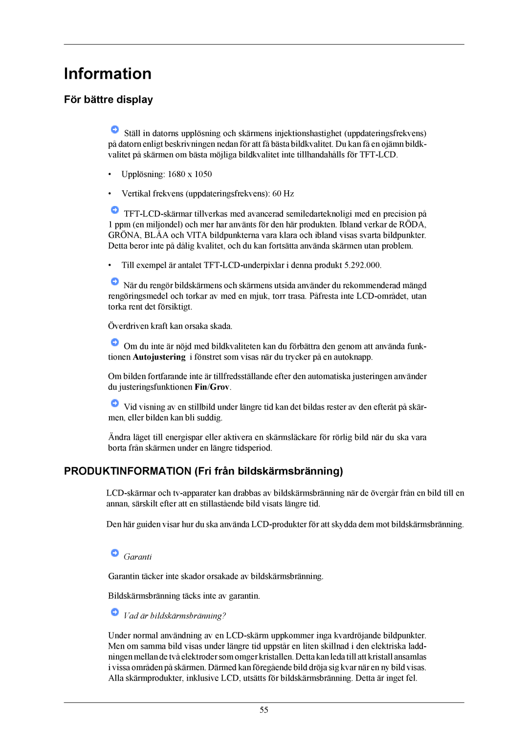 Samsung LS22CMKKFV/EN, LS22CMKKFVA/EN manual Information, För bättre display, Produktinformation Fri från bildskärmsbränning 