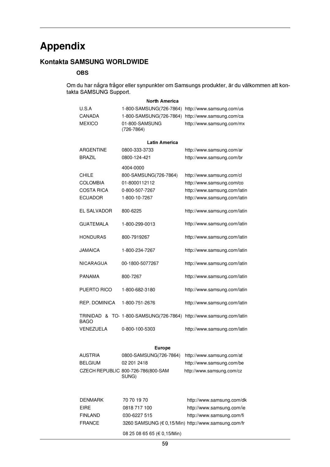 Samsung LS22CMKKFV/EN, LS22CMKKFVA/EN manual Appendix, Kontakta Samsung Worldwide 