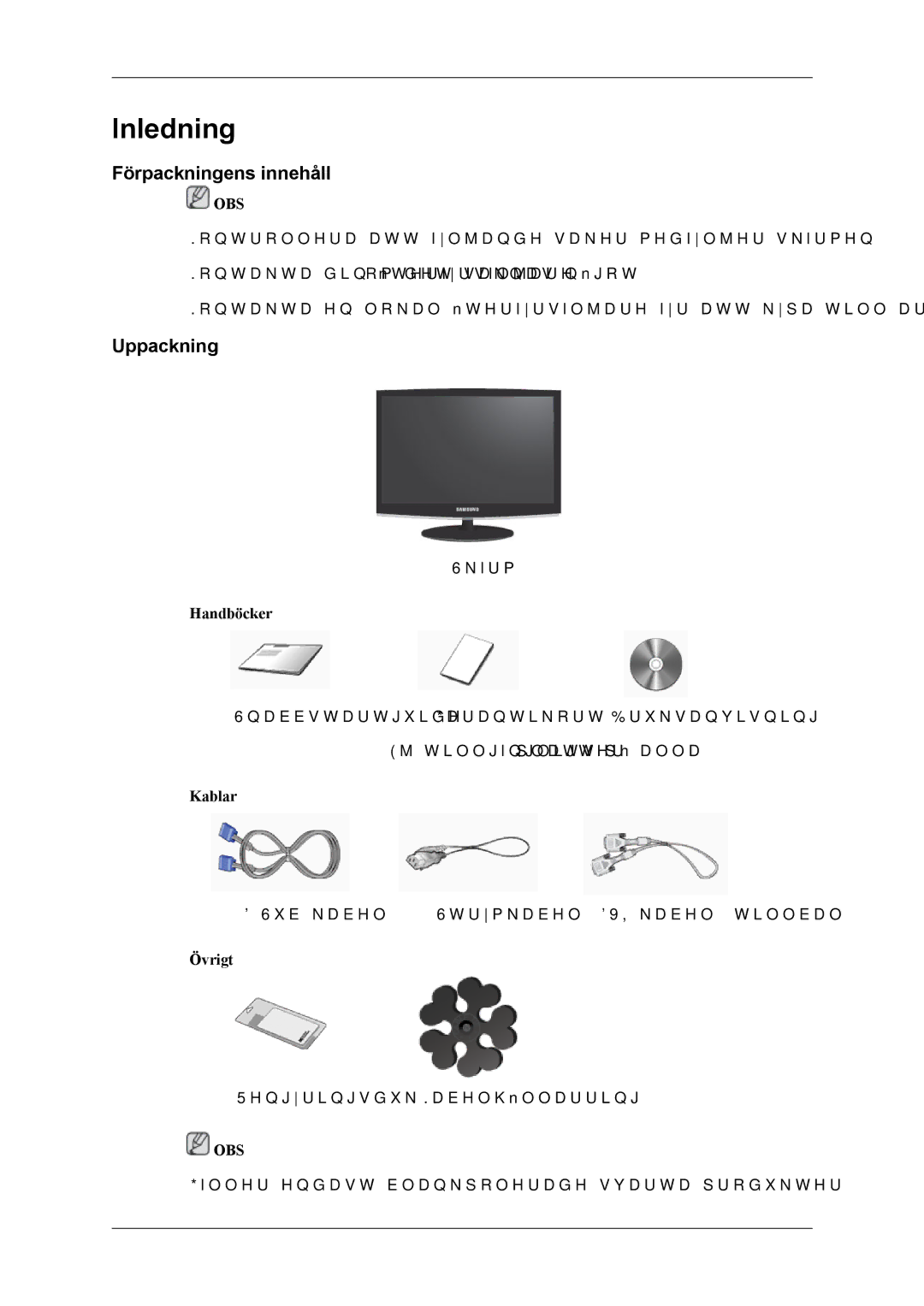 Samsung LS22CMKKFVA/EN, LS22CMKKFV/EN manual Inledning, Förpackningens innehåll, Uppackning 