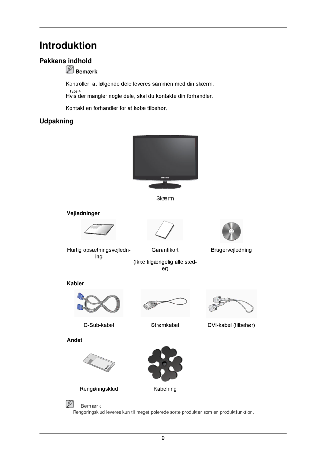 Samsung LS22CMKKFV/EN, LS22CMKKFVA/EN manual Introduktion, Pakkens indhold, Udpakning 