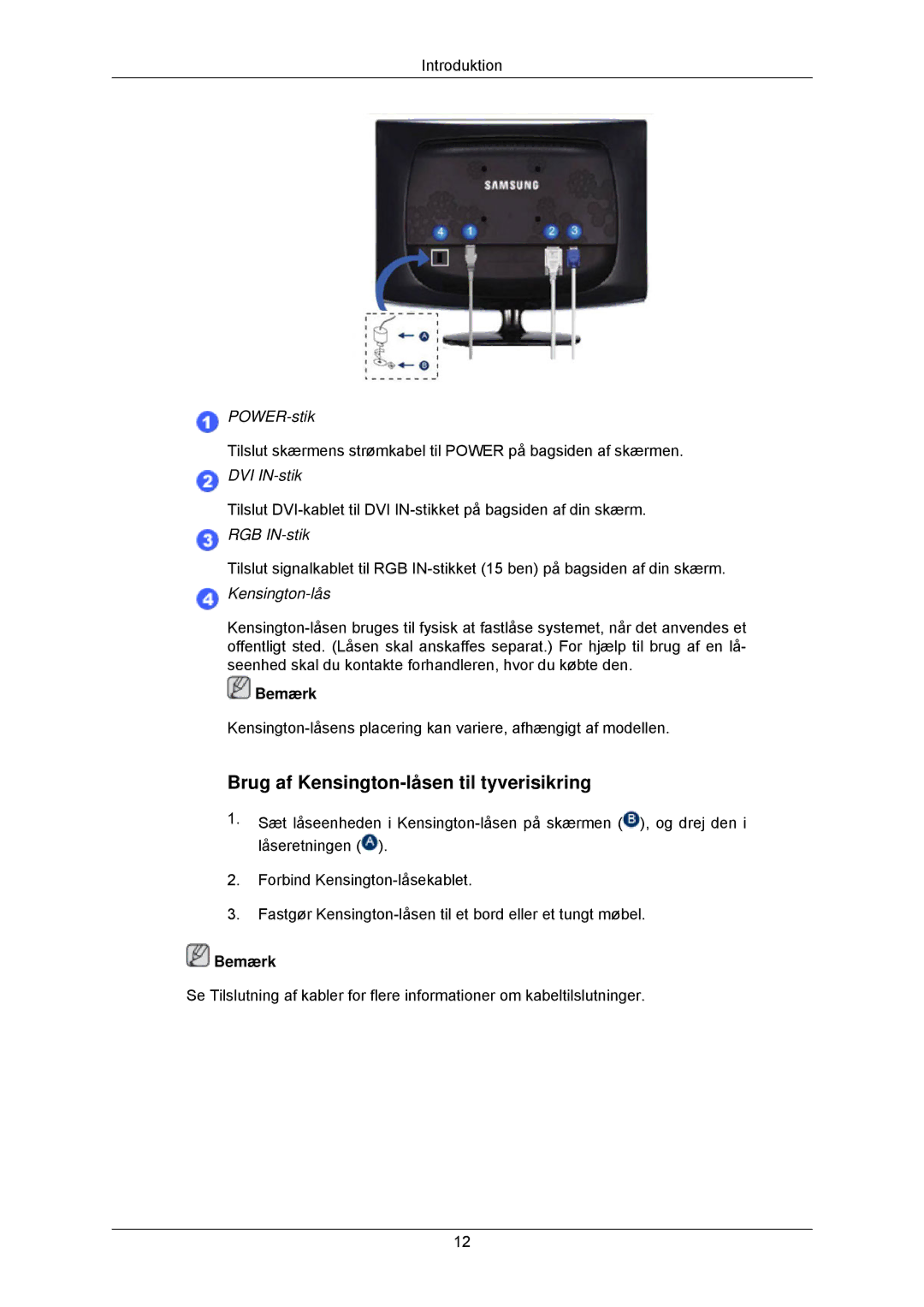 Samsung LS22CMKKFVA/EN, LS22CMKKFV/EN manual Brug af Kensington-låsen til tyverisikring 