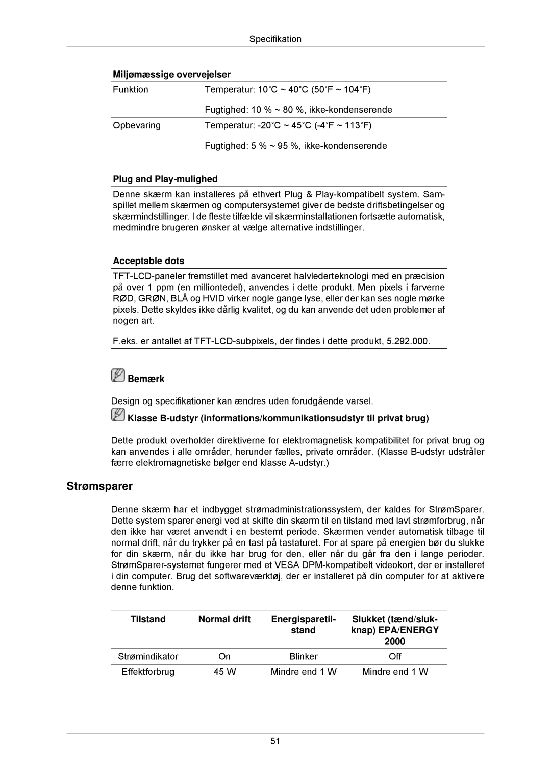 Samsung LS22CMKKFV/EN, LS22CMKKFVA/EN manual Strømsparer, Miljømæssige overvejelser, Plug and Play-mulighed, Acceptable dots 