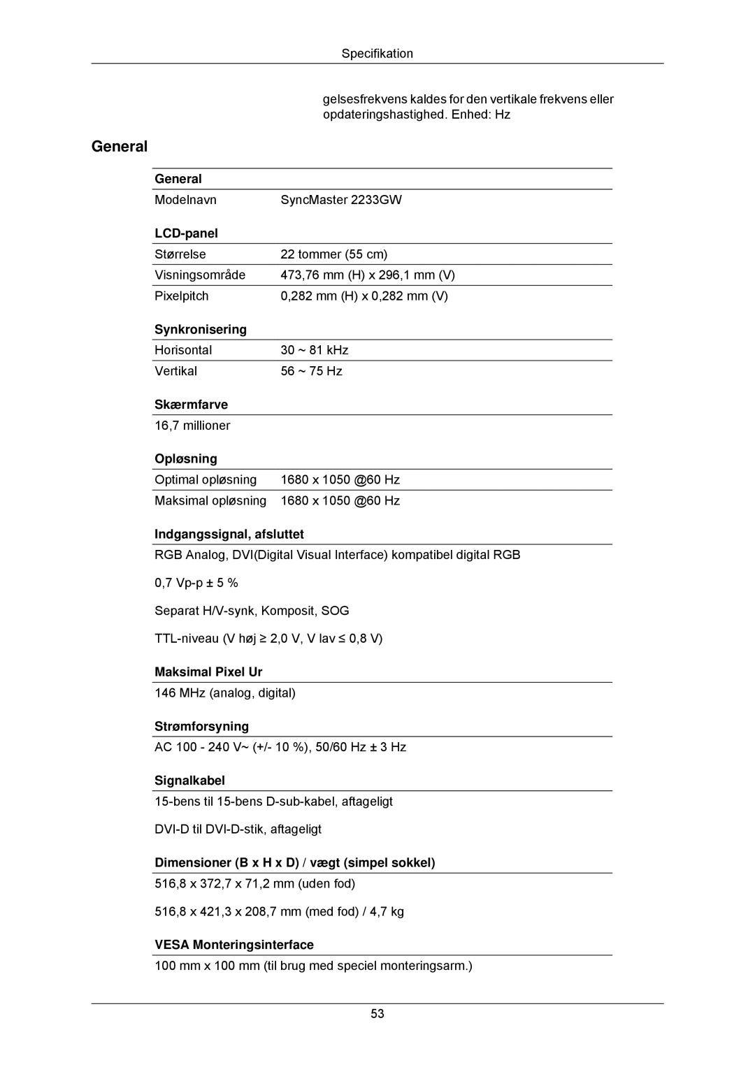 Samsung LS22CMKKFV/EN, LS22CMKKFVA/EN manual Modelnavn SyncMaster 2233GW 