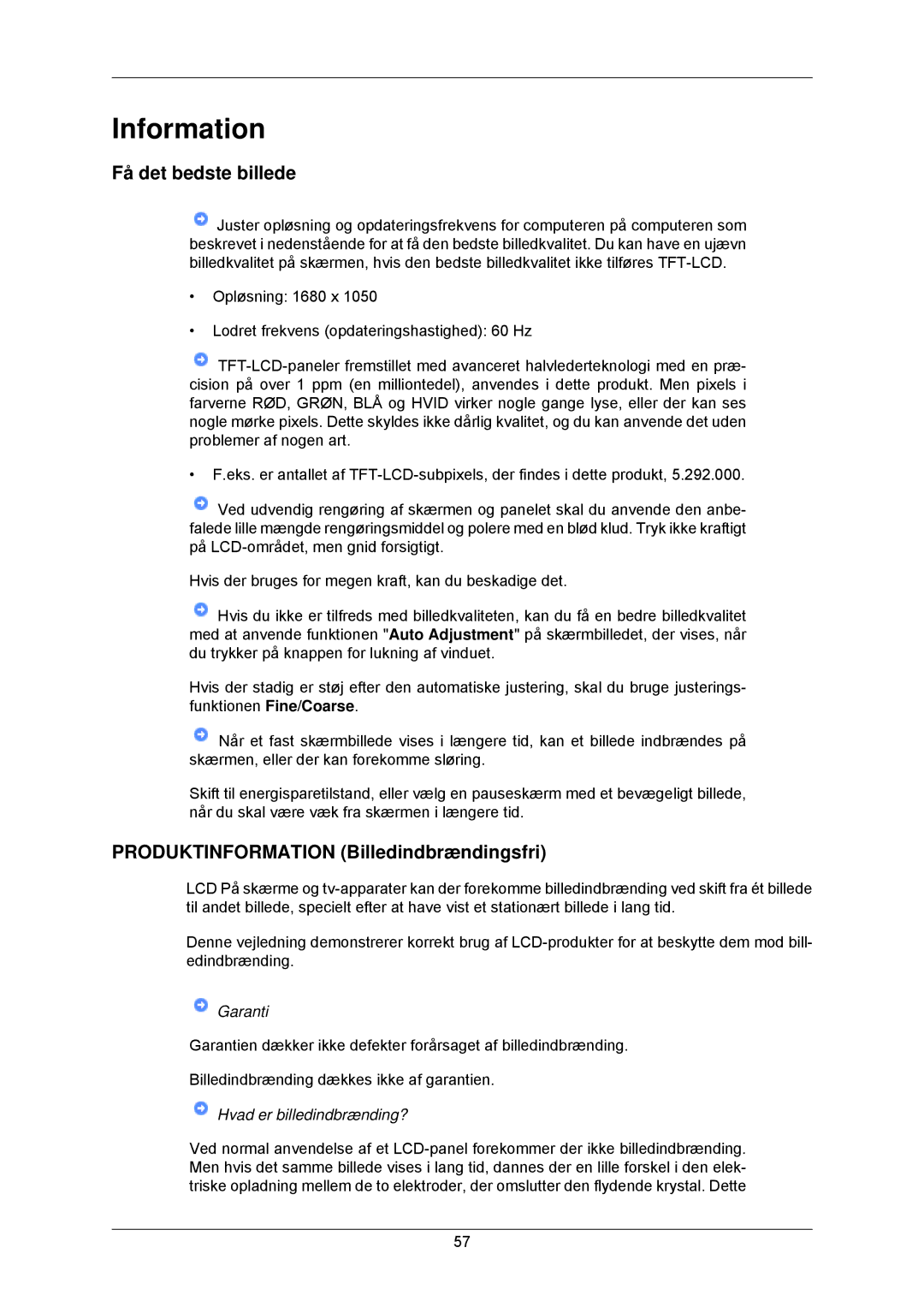 Samsung LS22CMKKFV/EN, LS22CMKKFVA/EN manual Information, Få det bedste billede, Produktinformation Billedindbrændingsfri 