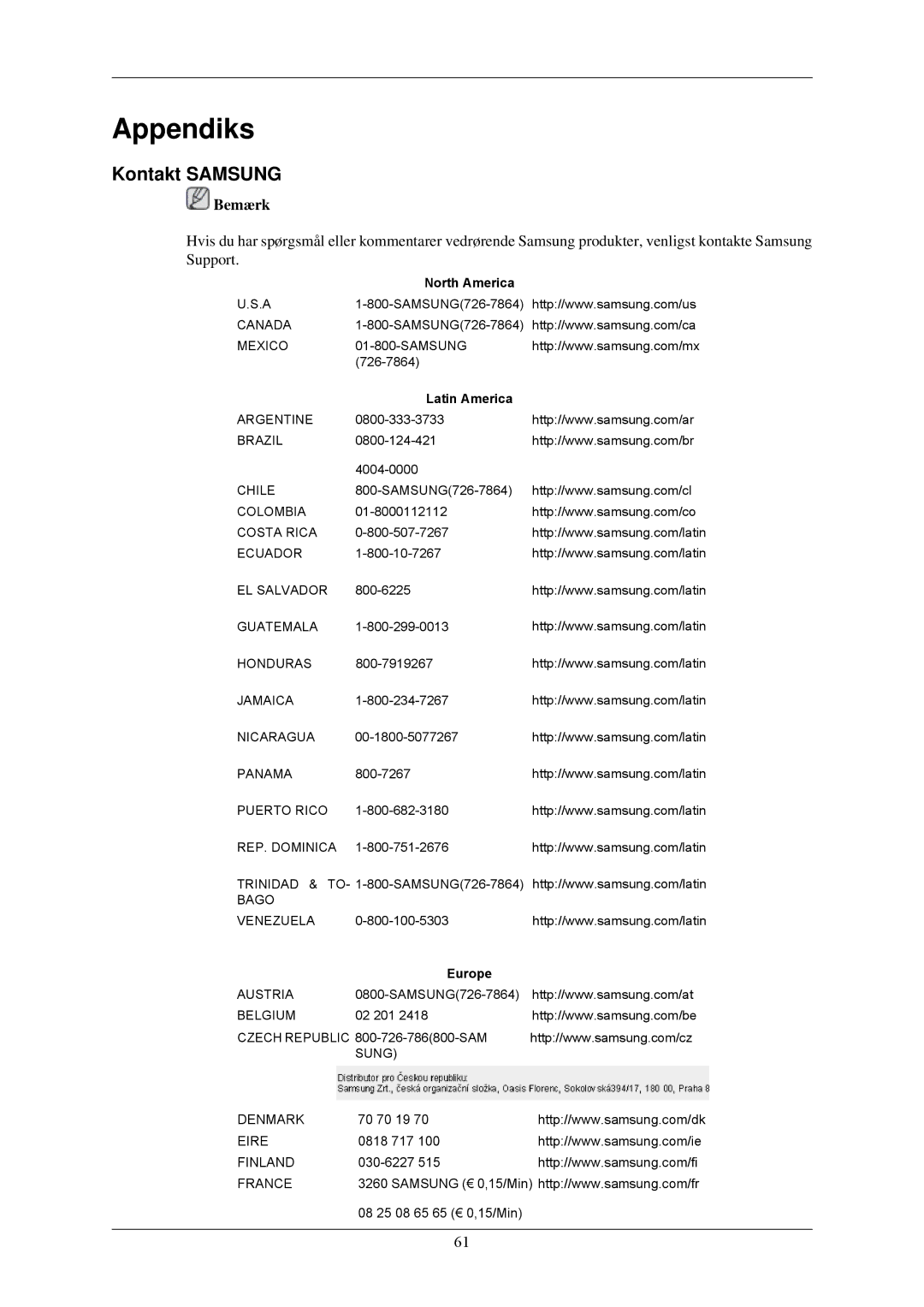 Samsung LS22CMKKFV/EN, LS22CMKKFVA/EN manual Appendiks, Kontakt Samsung 