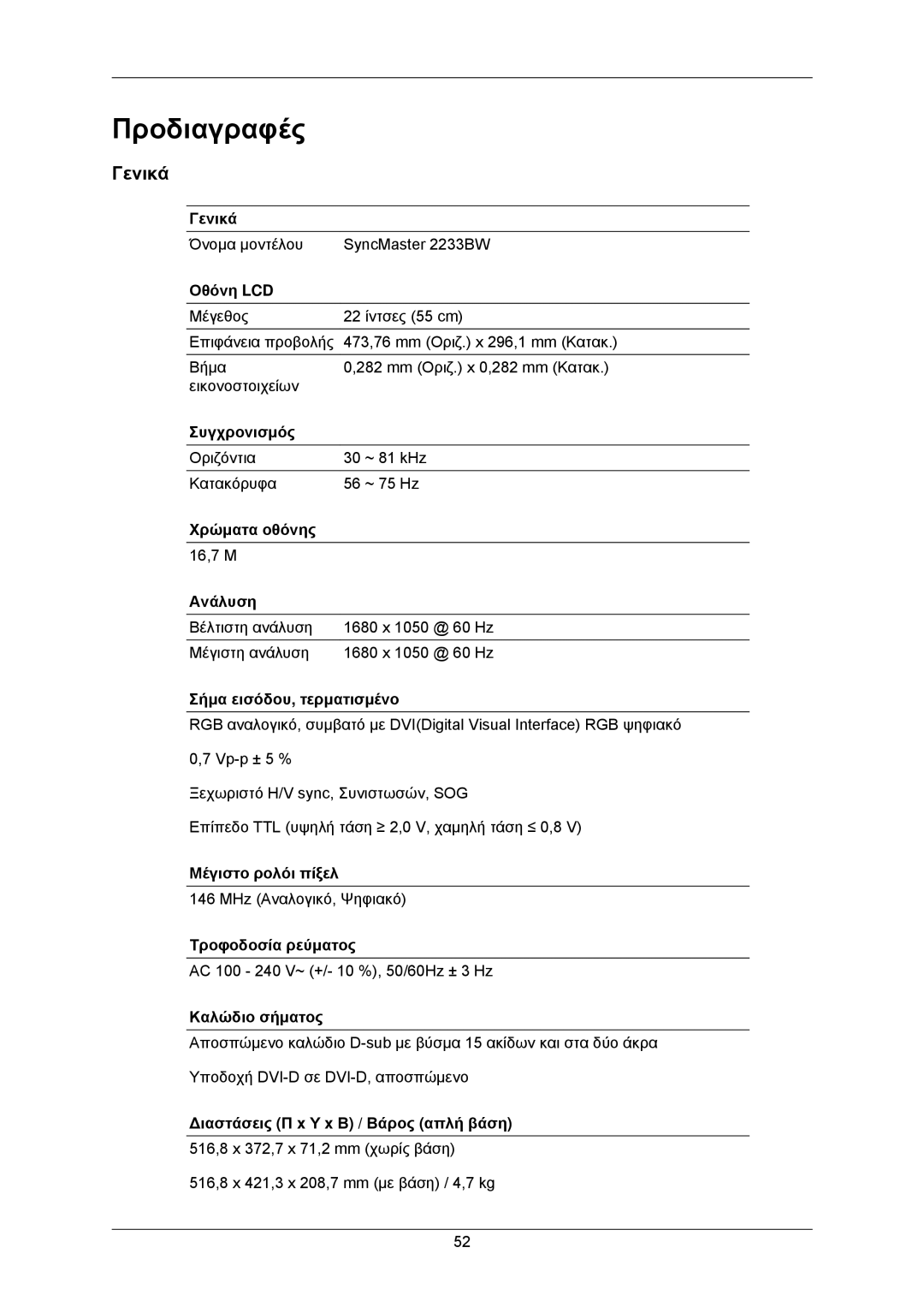 Samsung LS22CMKKFVA/EN, LS22CMKKFV/EN manual Προδιαγραφές, Γενικά 