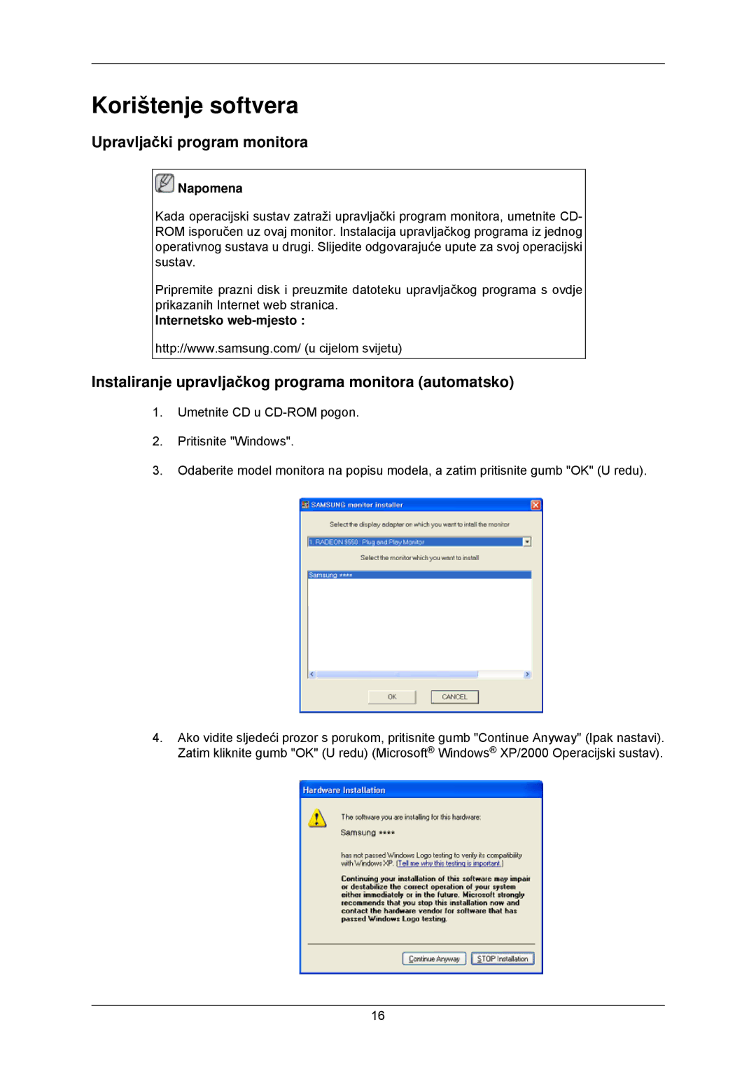 Samsung LS22CMKKFVA/EN, LS22CMKKFV/EN manual Korištenje softvera, Upravljački program monitora, Internetsko web-mjesto 