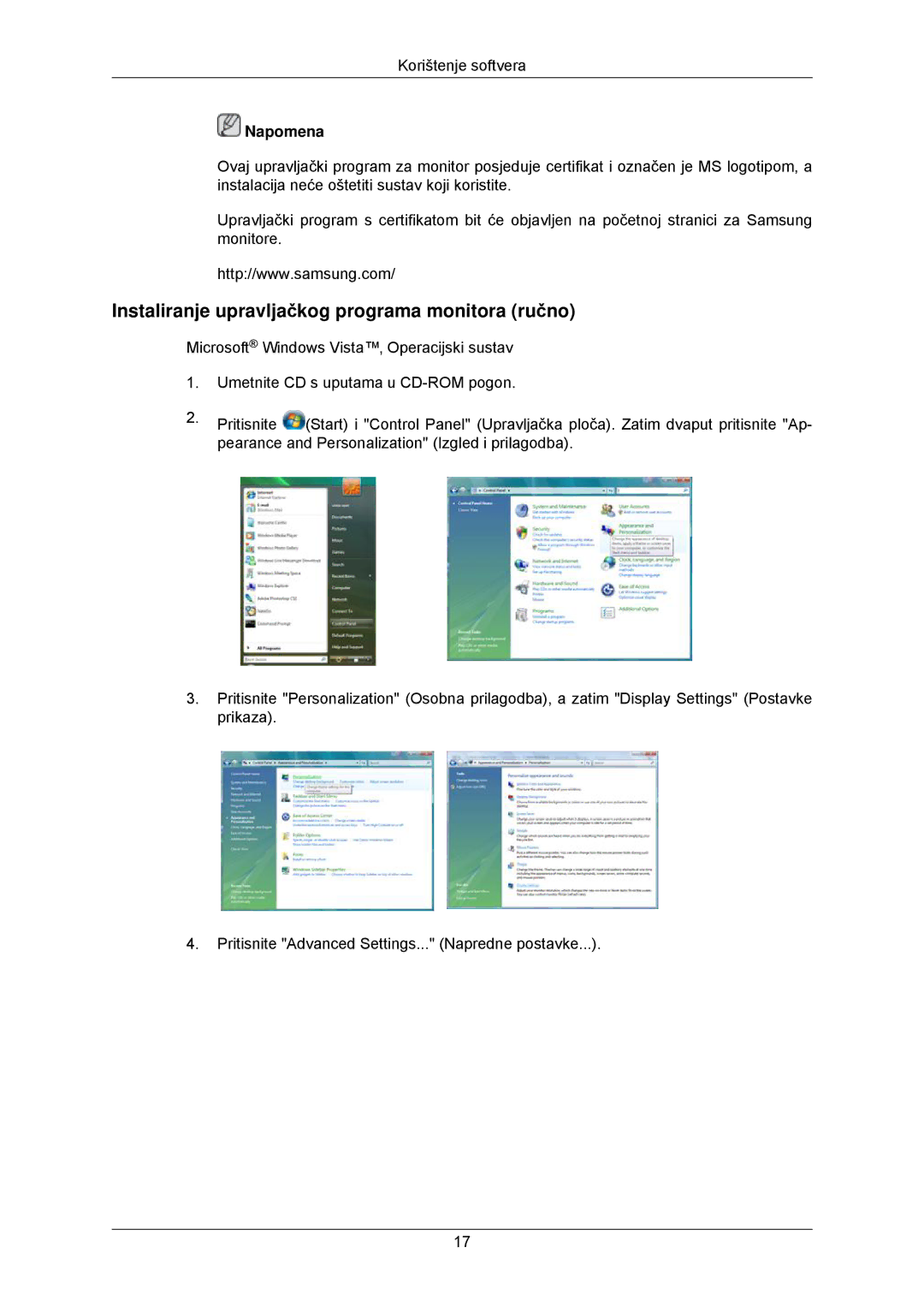 Samsung LS22CMKKFV/EN, LS22CMKKFVA/EN manual Instaliranje upravljačkog programa monitora ručno 