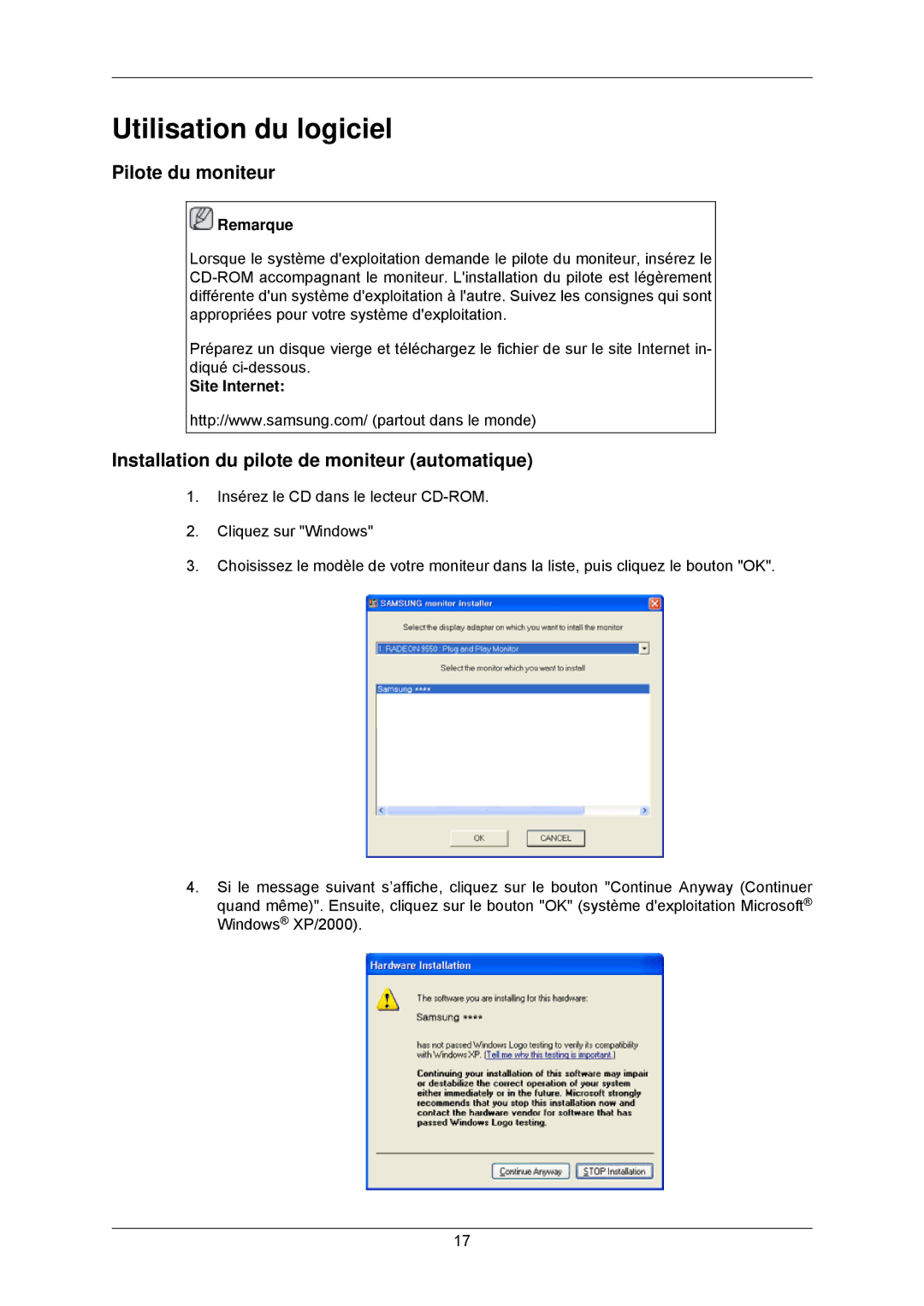 Samsung LS22CMKKFV/EN manual Utilisation du logiciel, Pilote du moniteur, Installation du pilote de moniteur automatique 