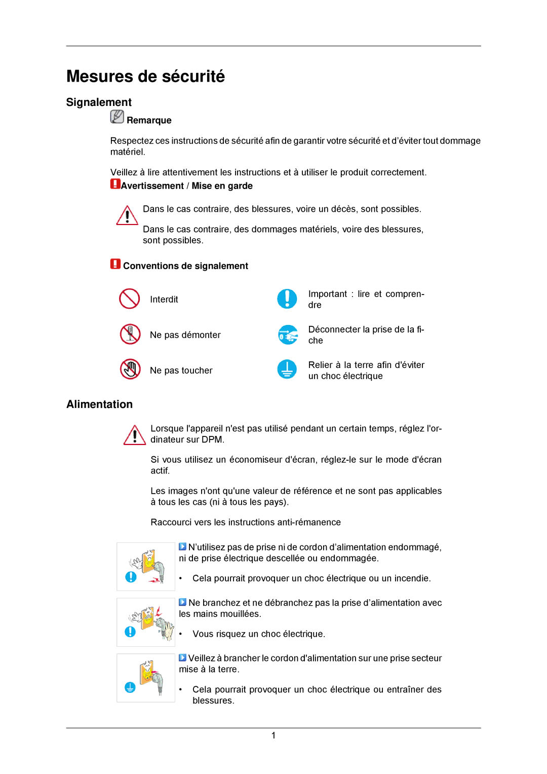 Samsung LS22CMKKFVA/EN, LS22CMKKFV/EN, LS22CMKKHU/EN manual Mesures de sécurité, Signalement, Alimentation 