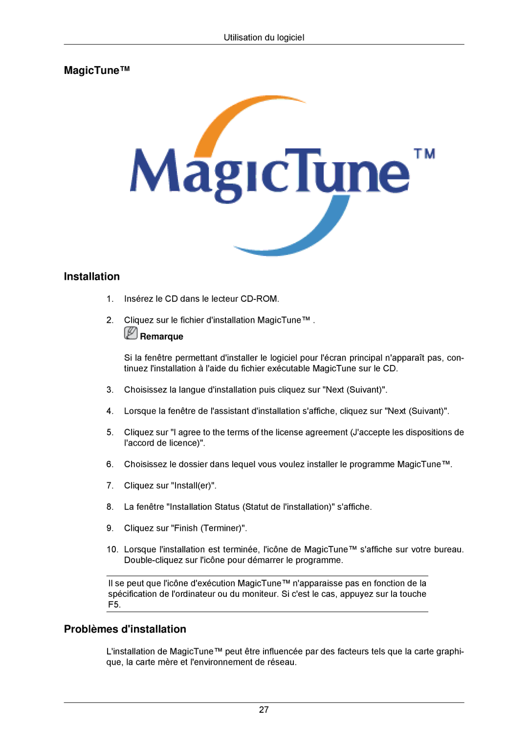 Samsung LS22CMKKHU/EN, LS22CMKKFV/EN, LS22CMKKFVA/EN manual MagicTune Installation, Problèmes dinstallation 