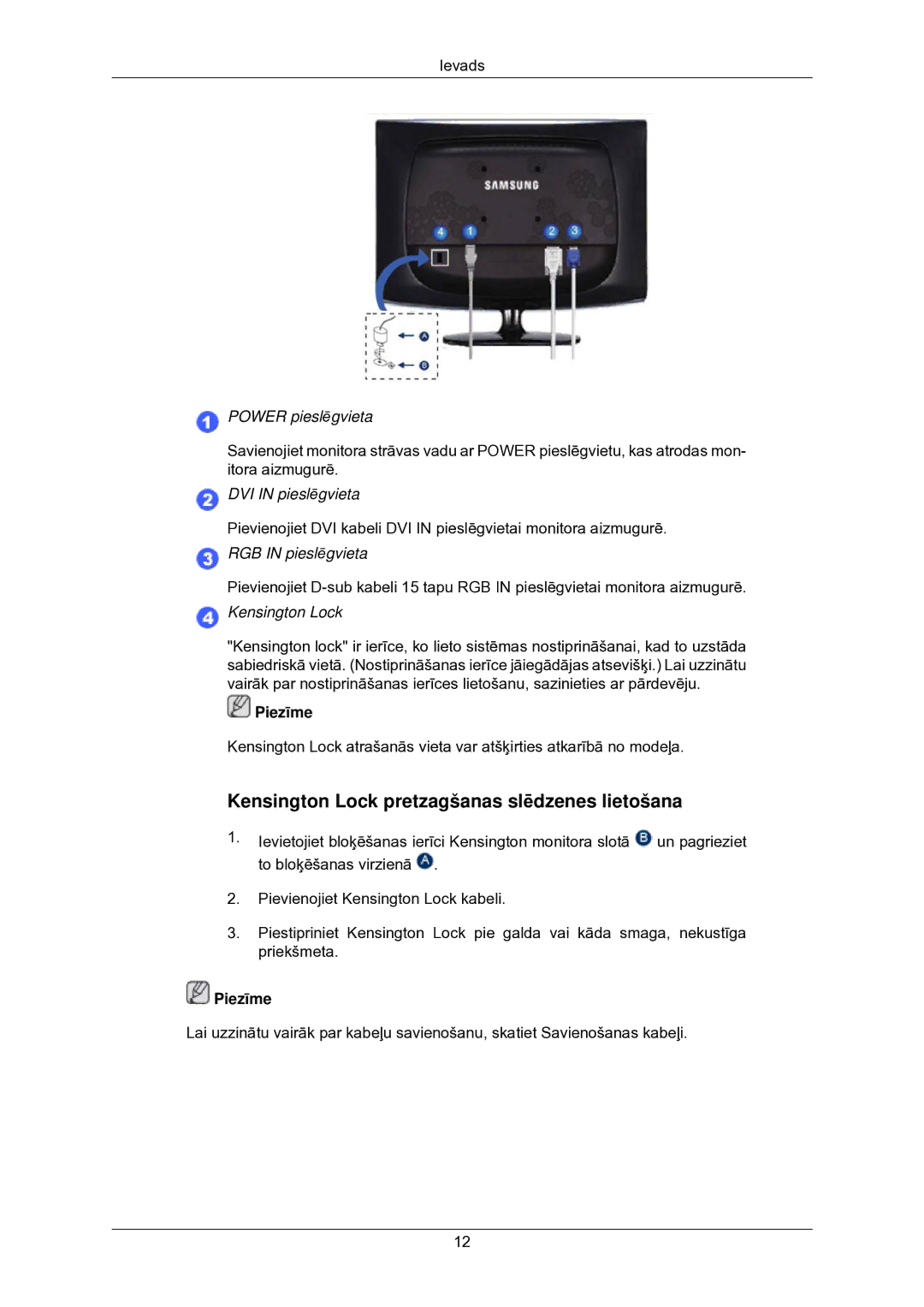 Samsung LS22CMKKFV/EN manual Kensington Lock pretzagšanas slēdzenes lietošana 