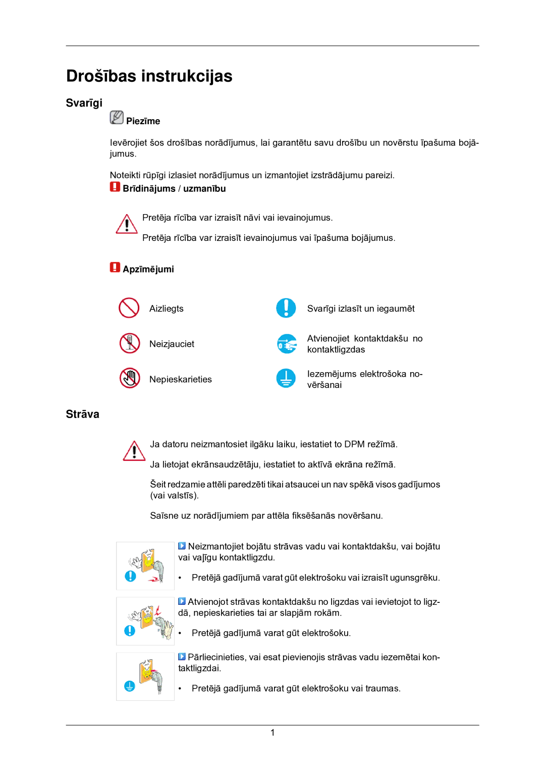 Samsung LS22CMKKFV/EN manual Drošības instrukcijas, Svarīgi, Strāva 