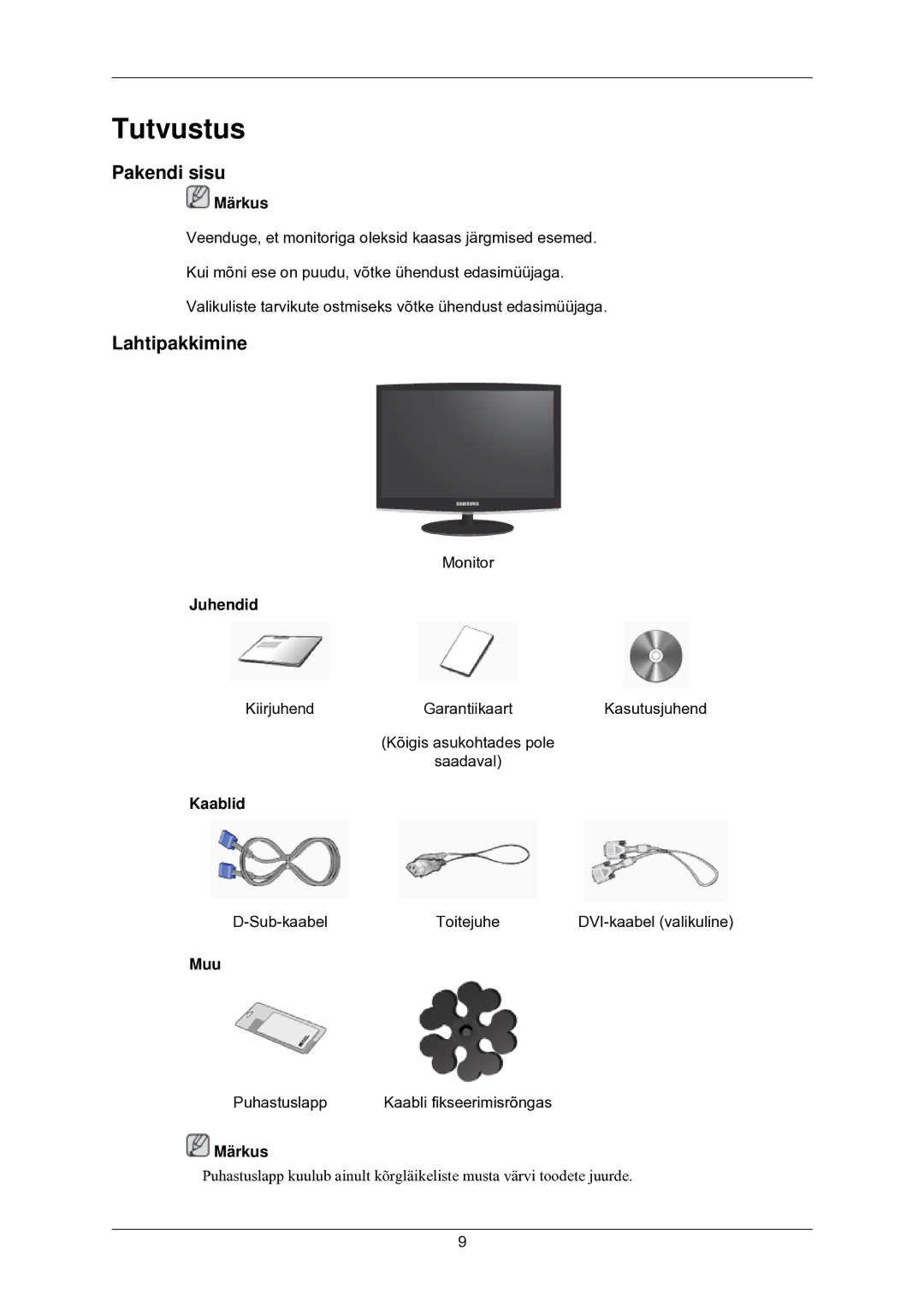 Samsung LS22CMKKFV/EN manual Tutvustus, Pakendi sisu, Lahtipakkimine 