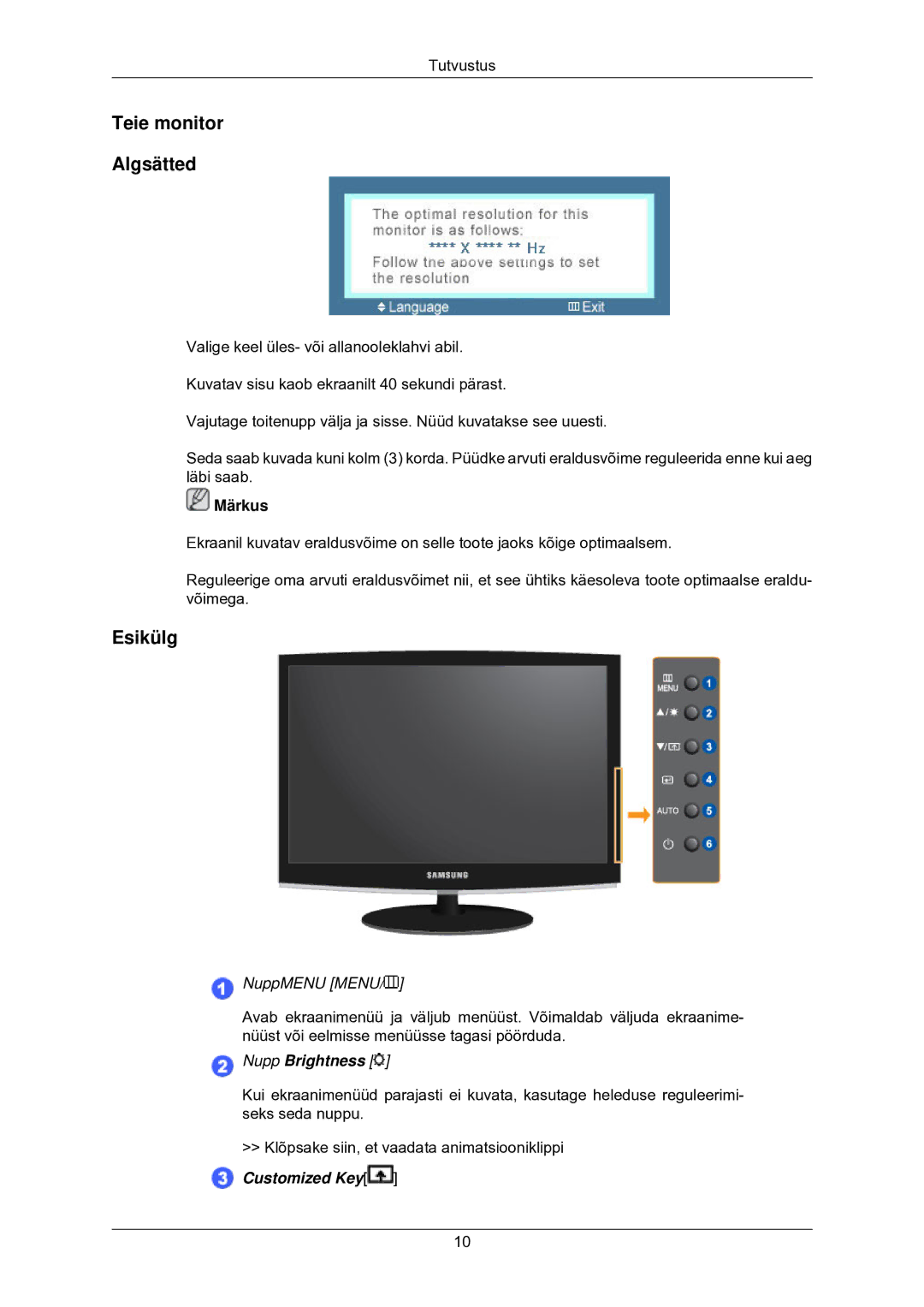 Samsung LS22CMKKFV/EN manual Teie monitor Algsätted, Esikülg 